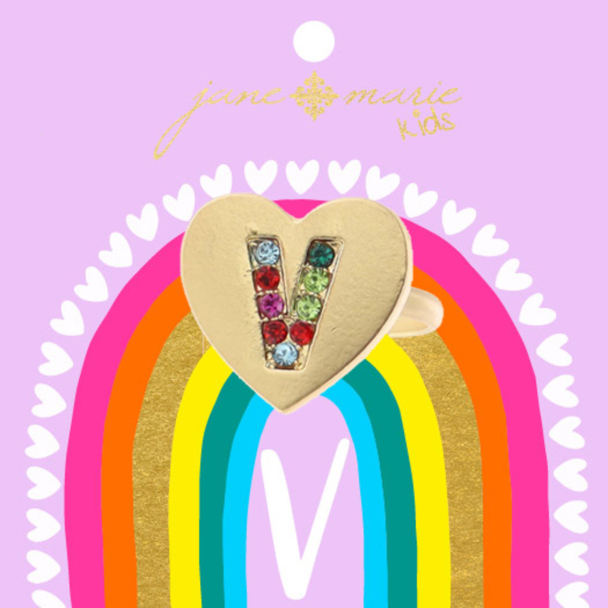 Kids Multi Color Crystal "V" on Gold Heart Ring