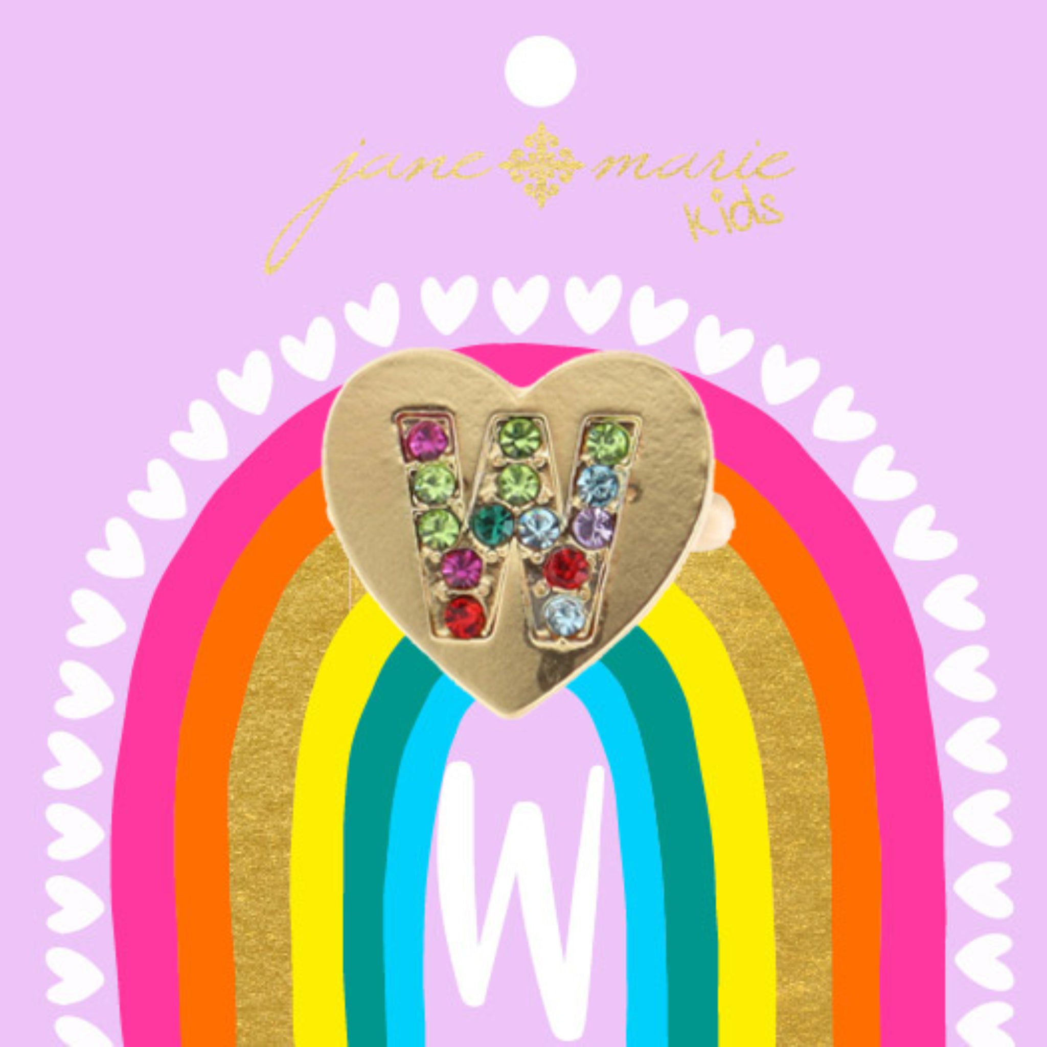 Kids Multi Color Crystal "W" on Gold Heart Ring