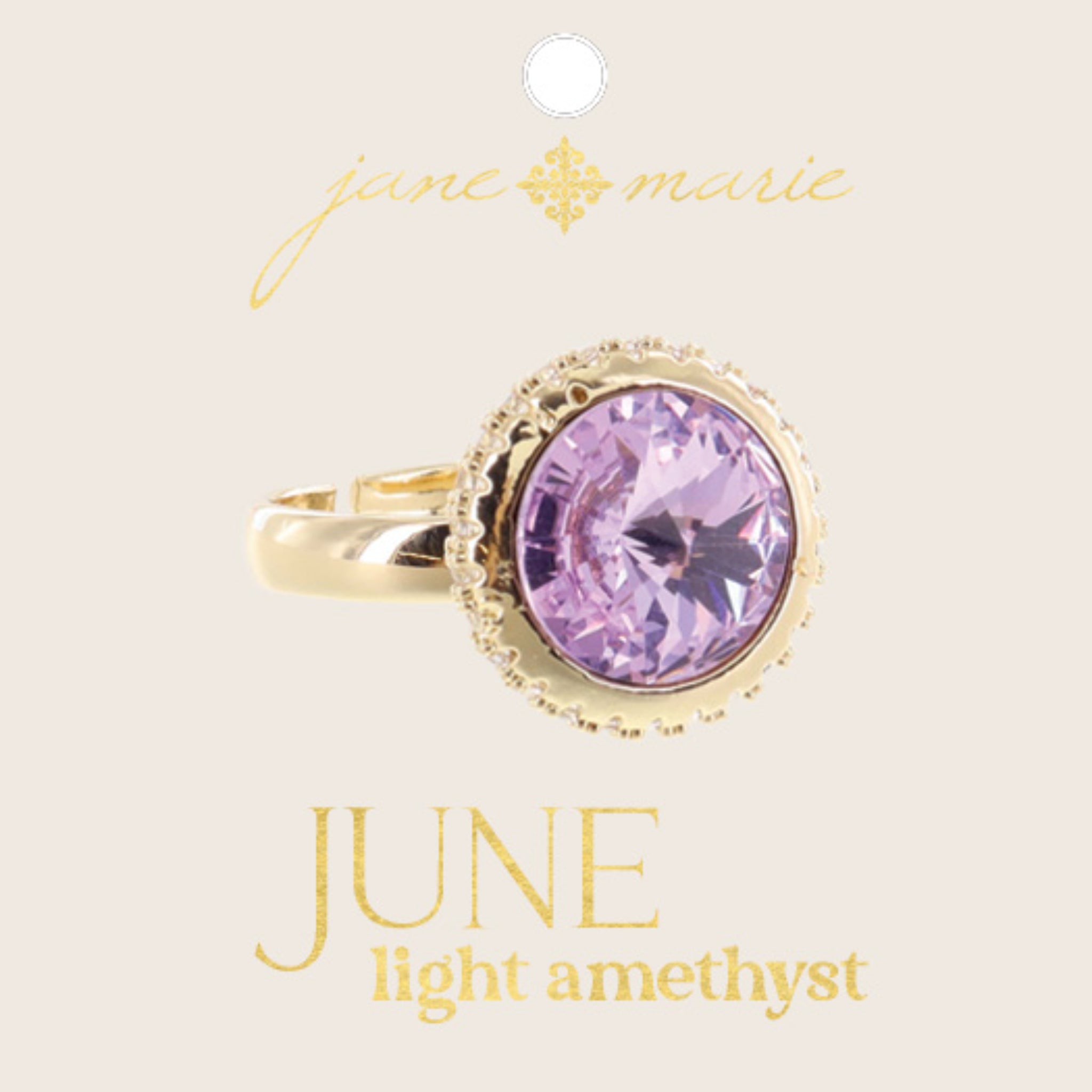 Circle Light Amethyst Crystal in Gold Setting with Crystal Accents Ring