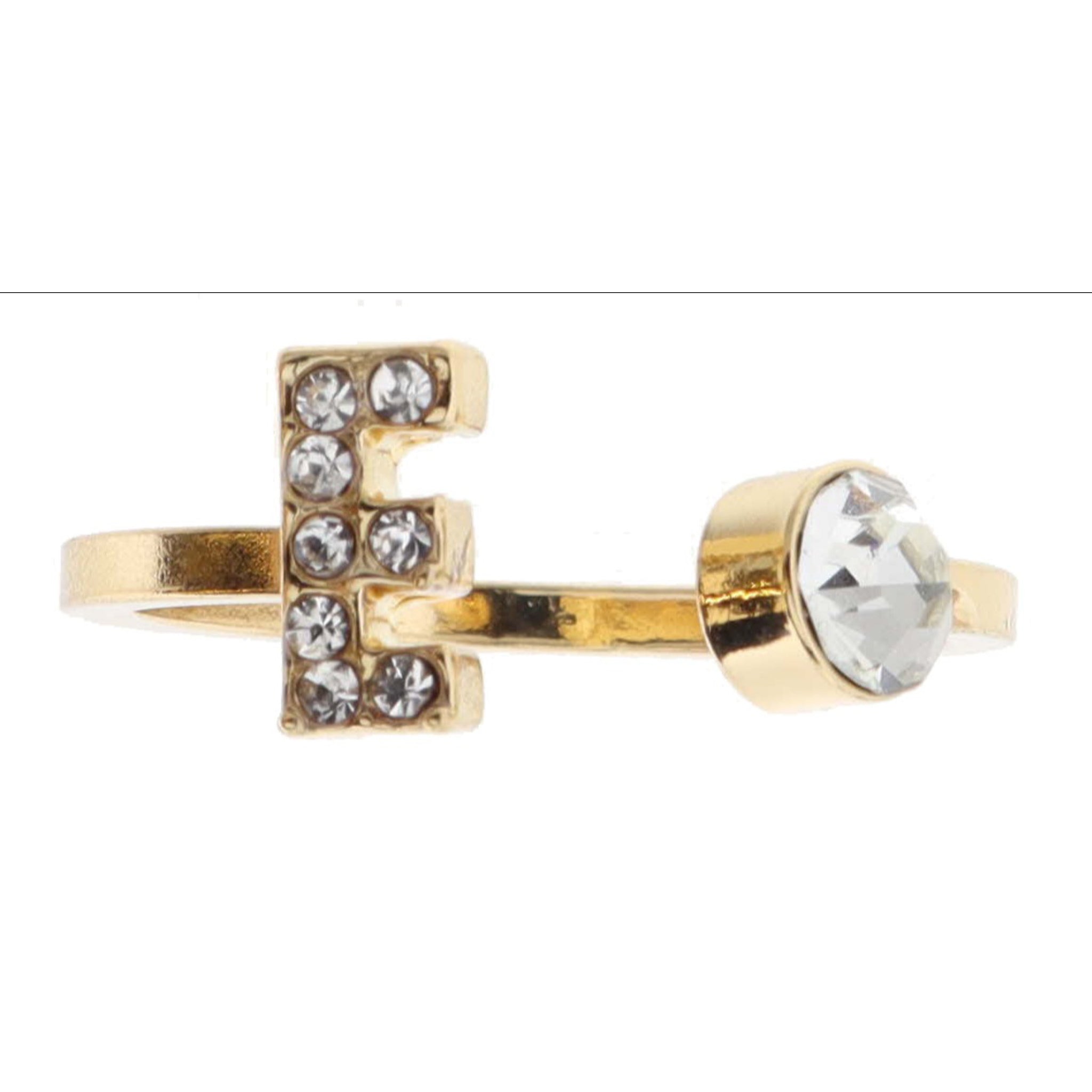 Shiny Gold Open Band with Mini Crystal "E" Initial and Clear Crystal Ring