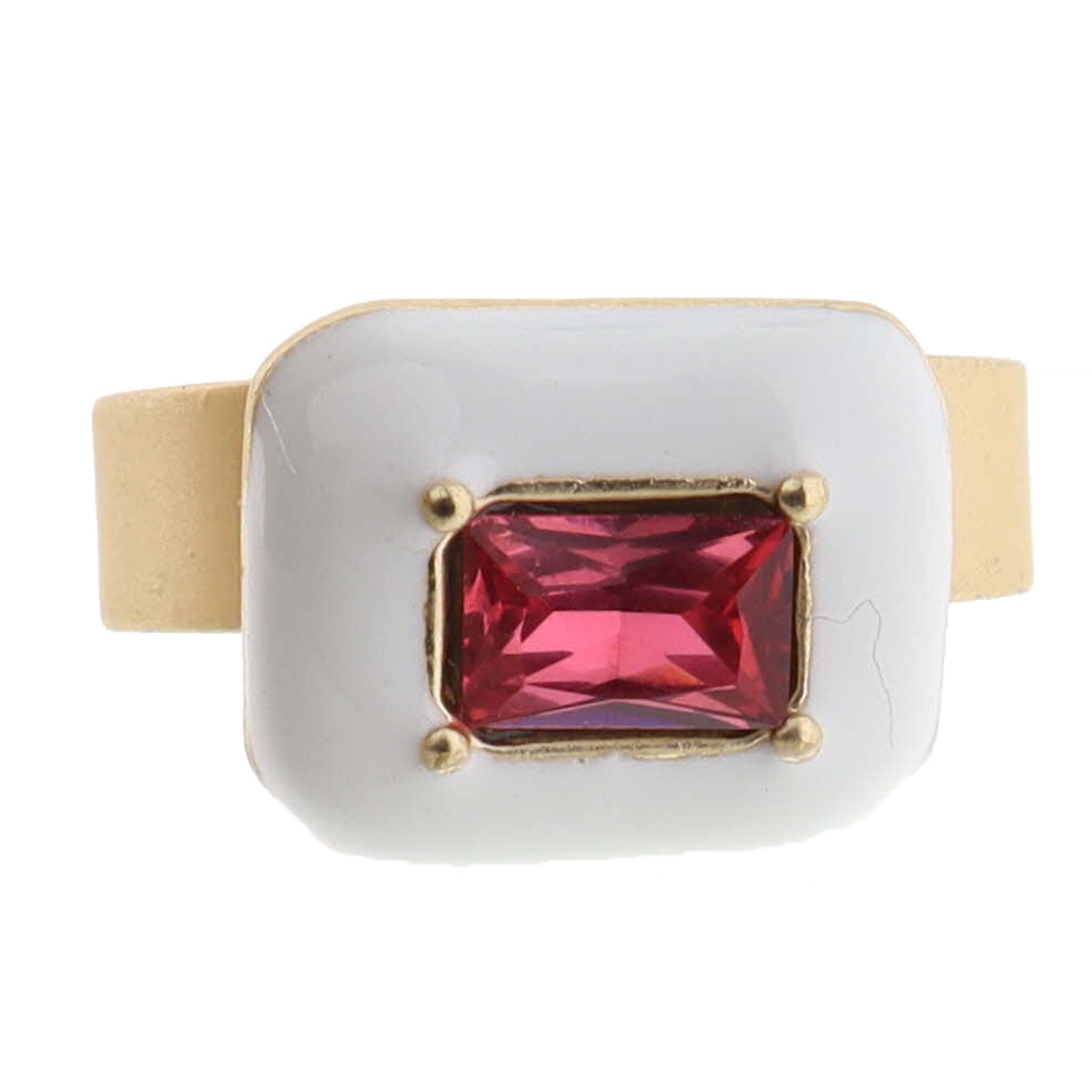 Kids Adj. Ring, White Enamel with Hot Pink Crystal Rectangle