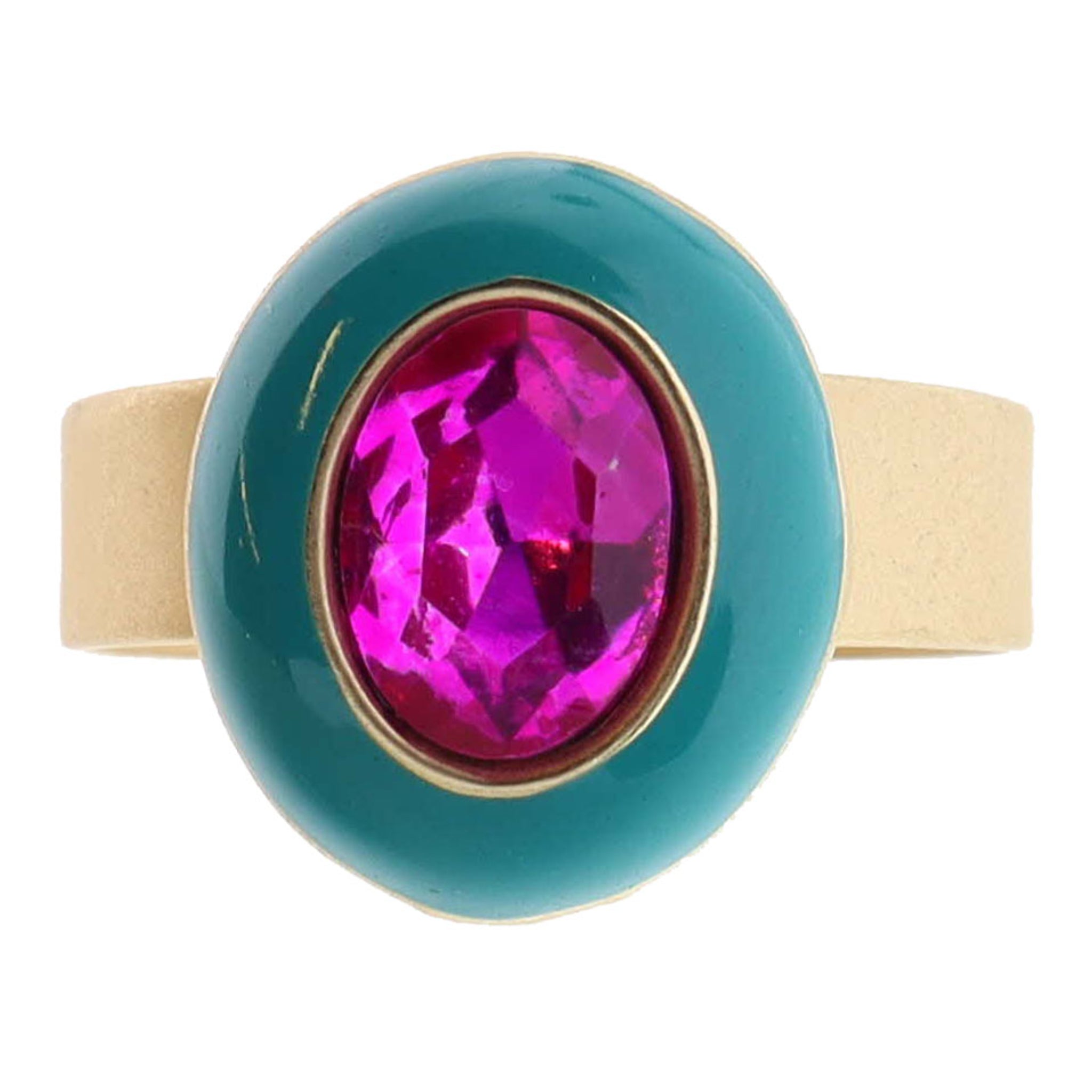 Kids Adj. Ring, Teal Enamel with Fuchsia CrystalOval