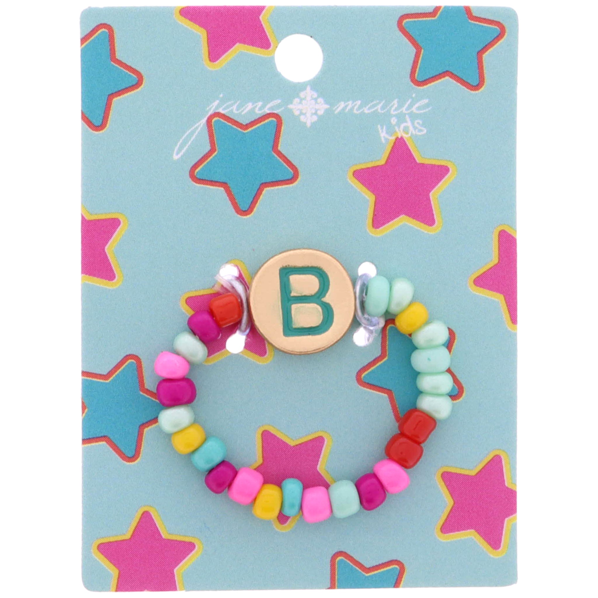 Kids Teal Multi Seed Bead Strand and Teal Enamel "B" Initial on Gold Disc Ring