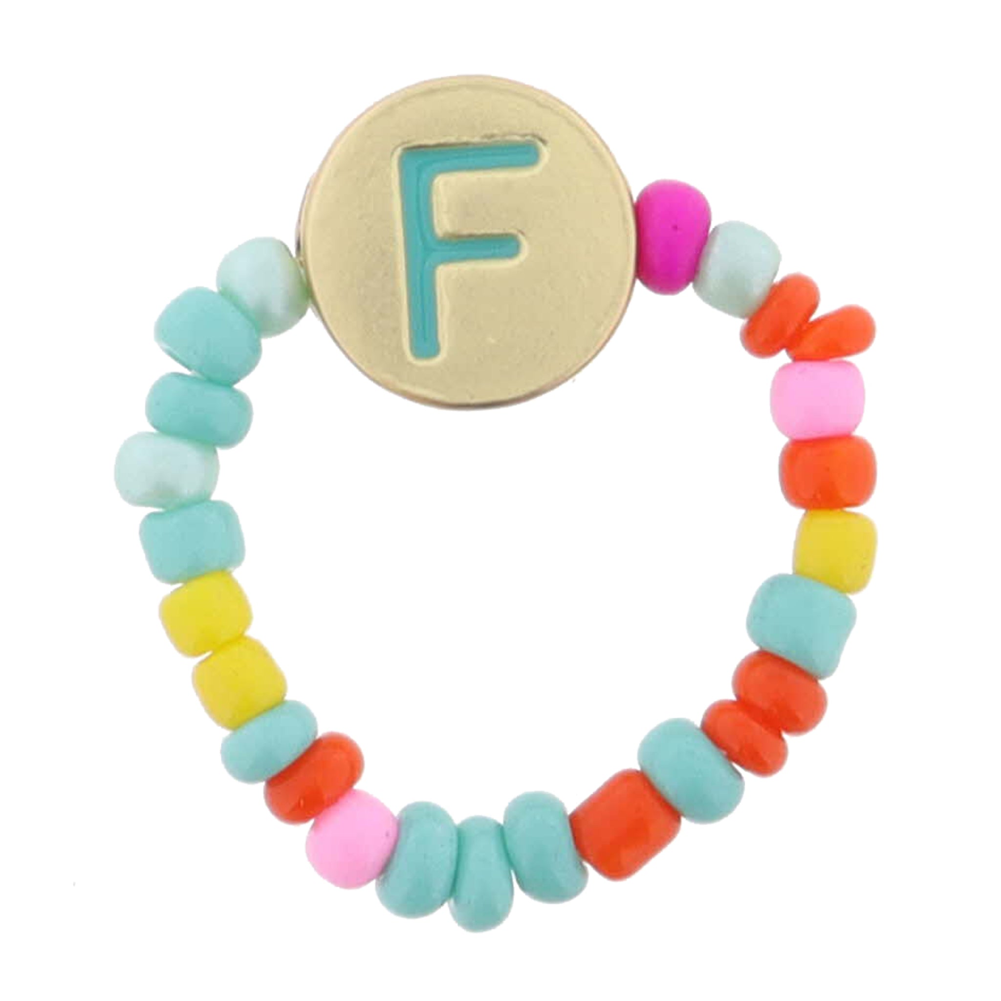 Kids Teal Multi Seed Bead Strand and Teal Enamel "F" Initial on Gold Disc Ring