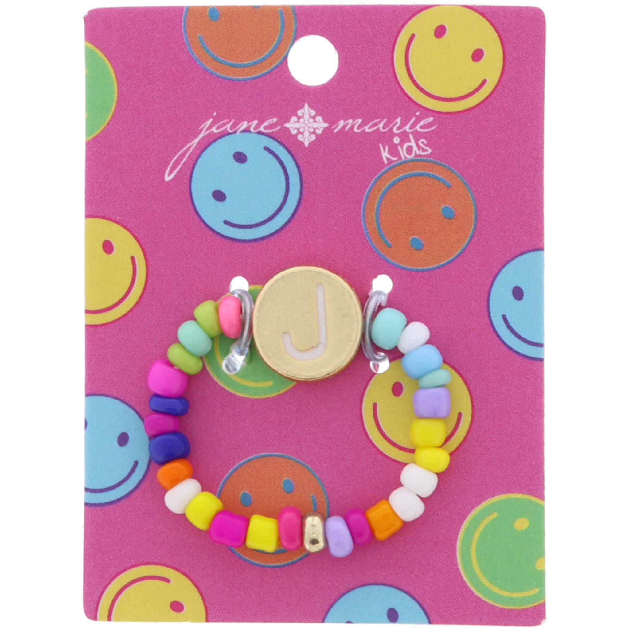 Kids Rainbow Multi Seed Bead Strand and White Enamel "J" Initial on Gold Disc Ring