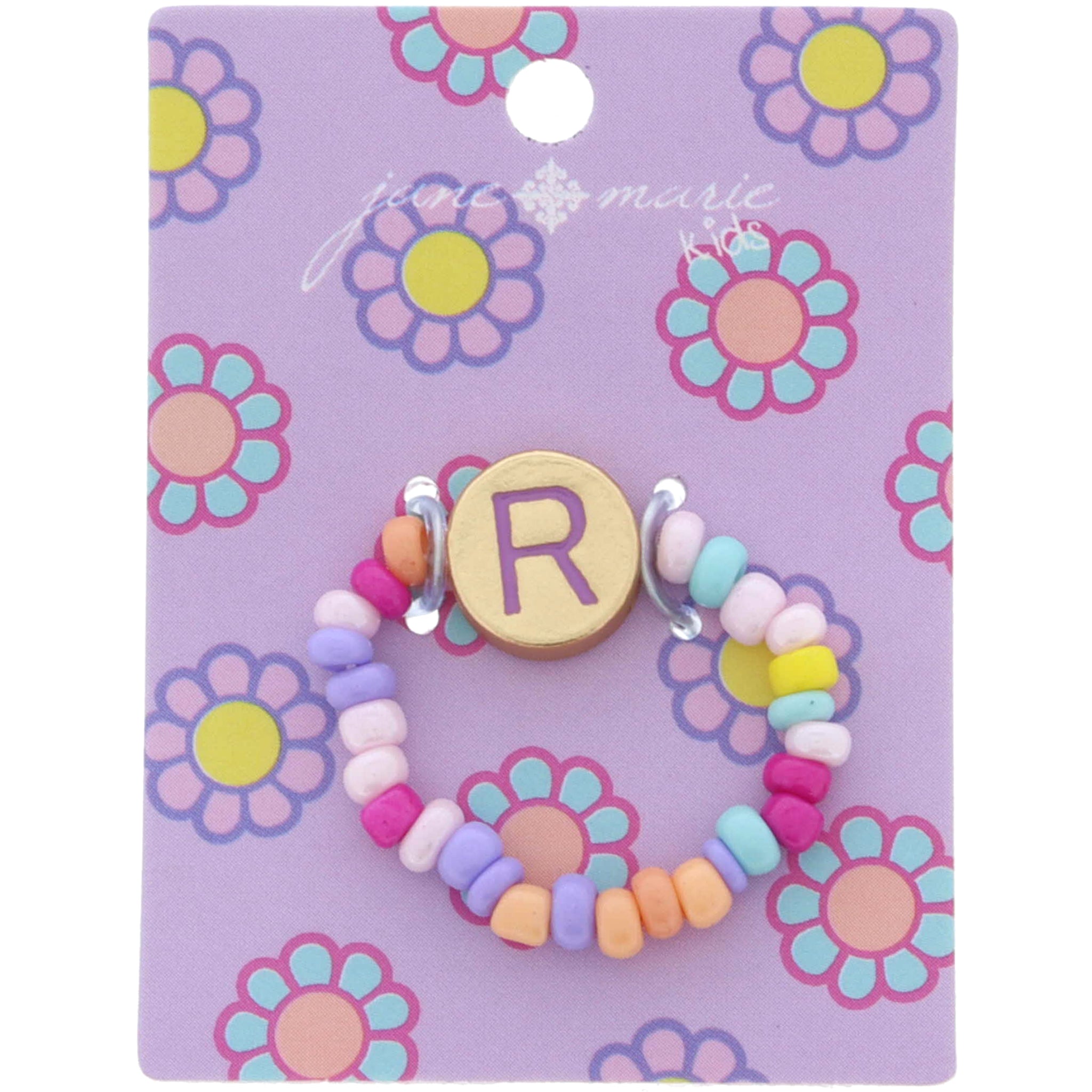 Kids Lavender Multi Seed Bead Strand and Lavender Enamel "R" Initial on Gold Disc Ring