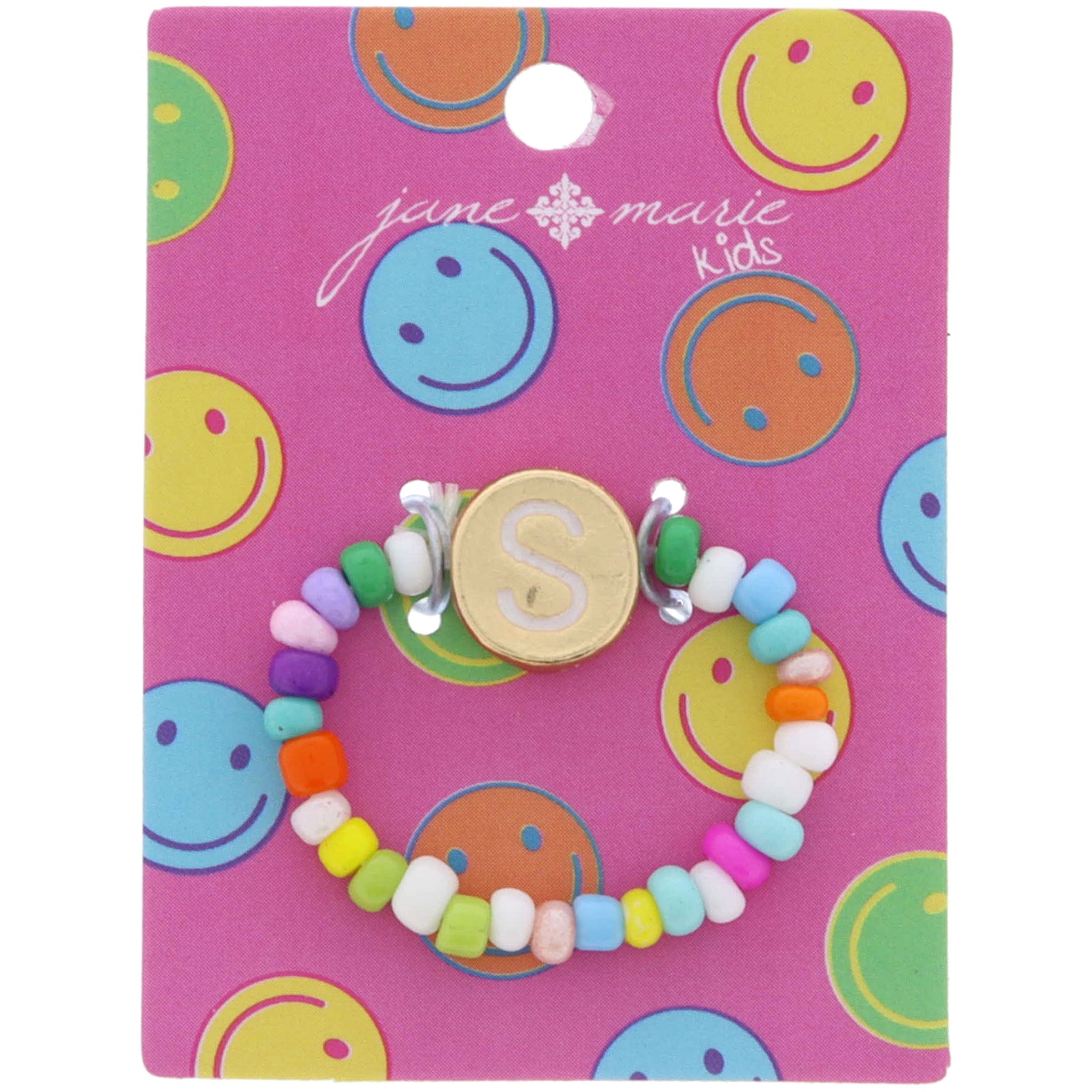 Kids Rainbow Multi Seed Bead Strand and White Enamel "S" Initial on Gold Disc Ring