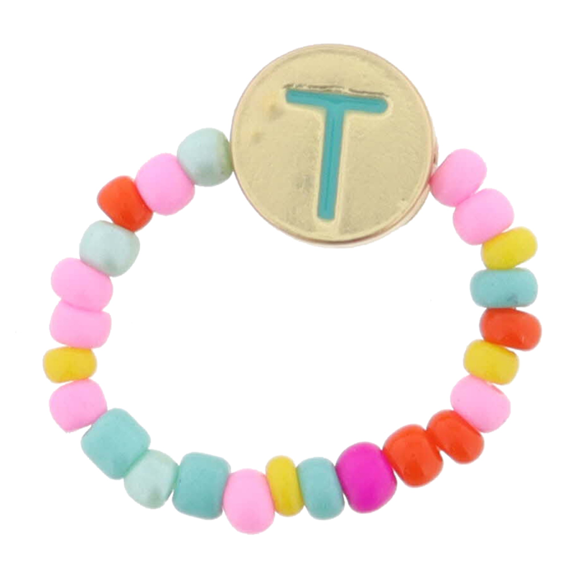 Kids Teal Multi Seed Bead Strand and Teal Enamel "T" Initial on Gold Disc Ring
