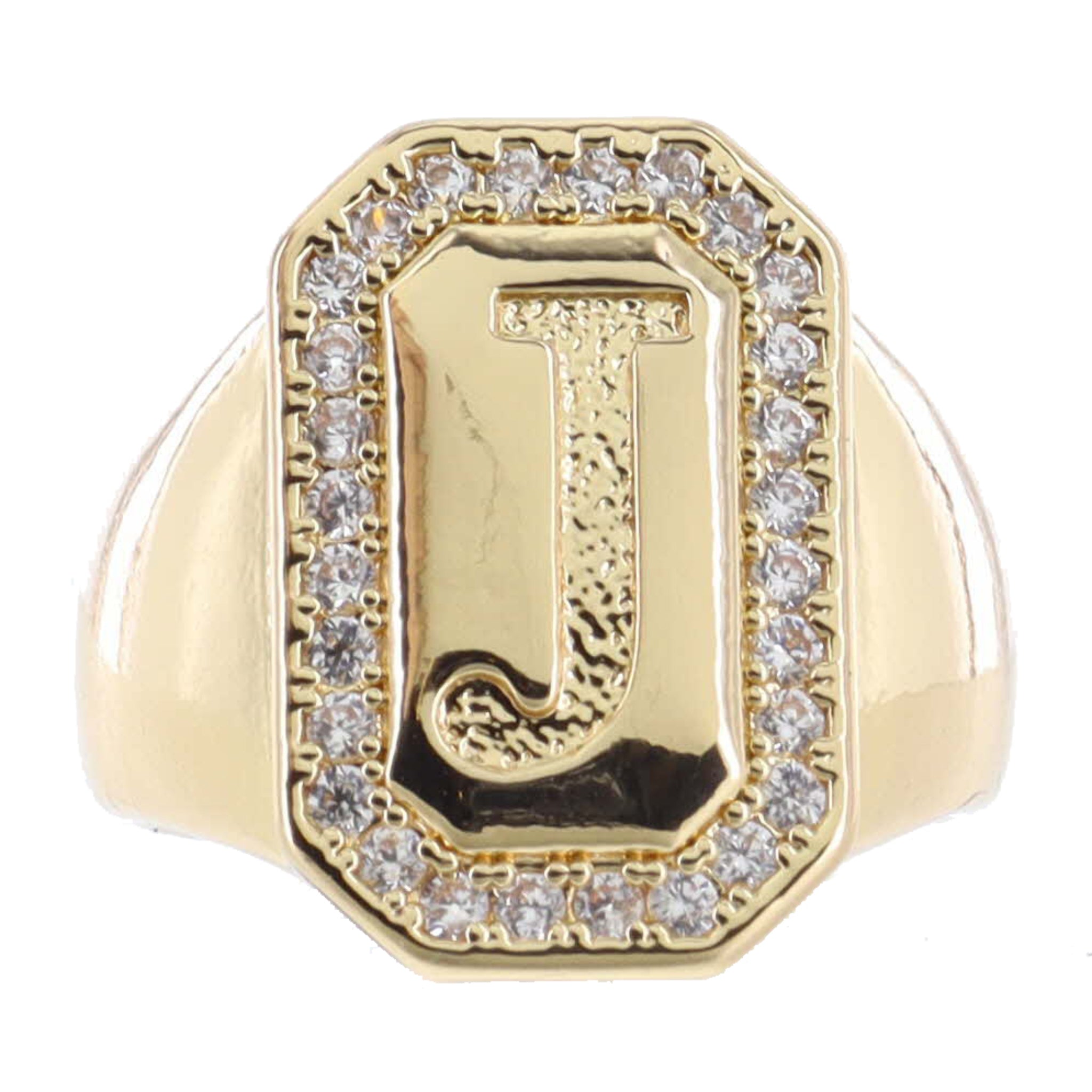 Shiny Gold with Crystal Edged "J" Initial Emerald Signet Ring