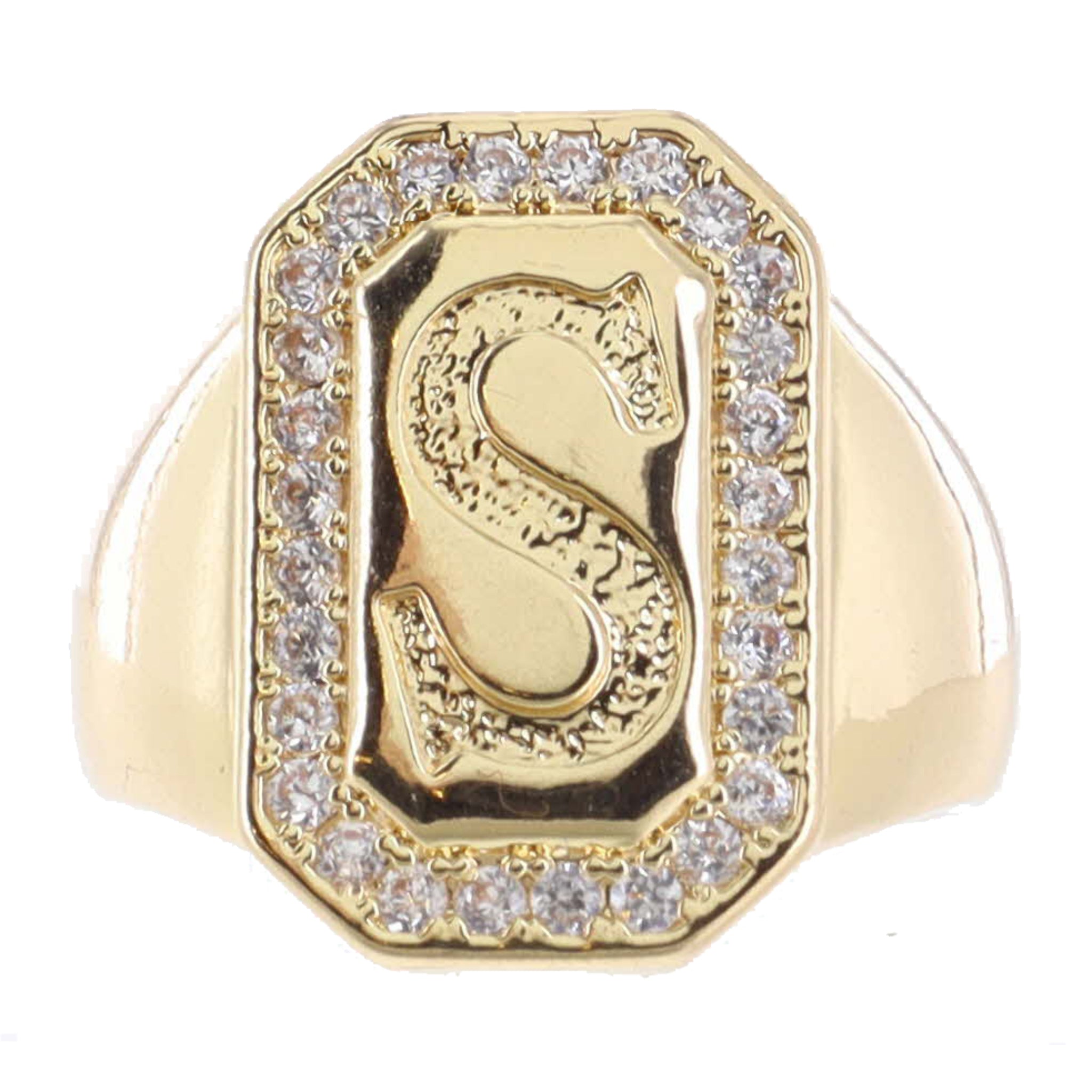 Shiny Gold with Crystal Edged "S" Initial Emerald Signet Ring