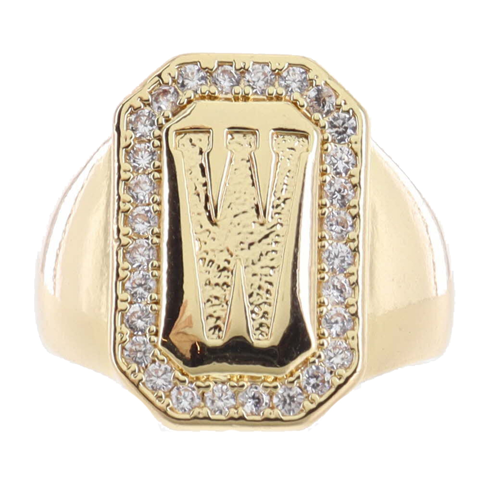 Shiny Gold with Crystal Edged "W" Initial Emerald Signet Ring