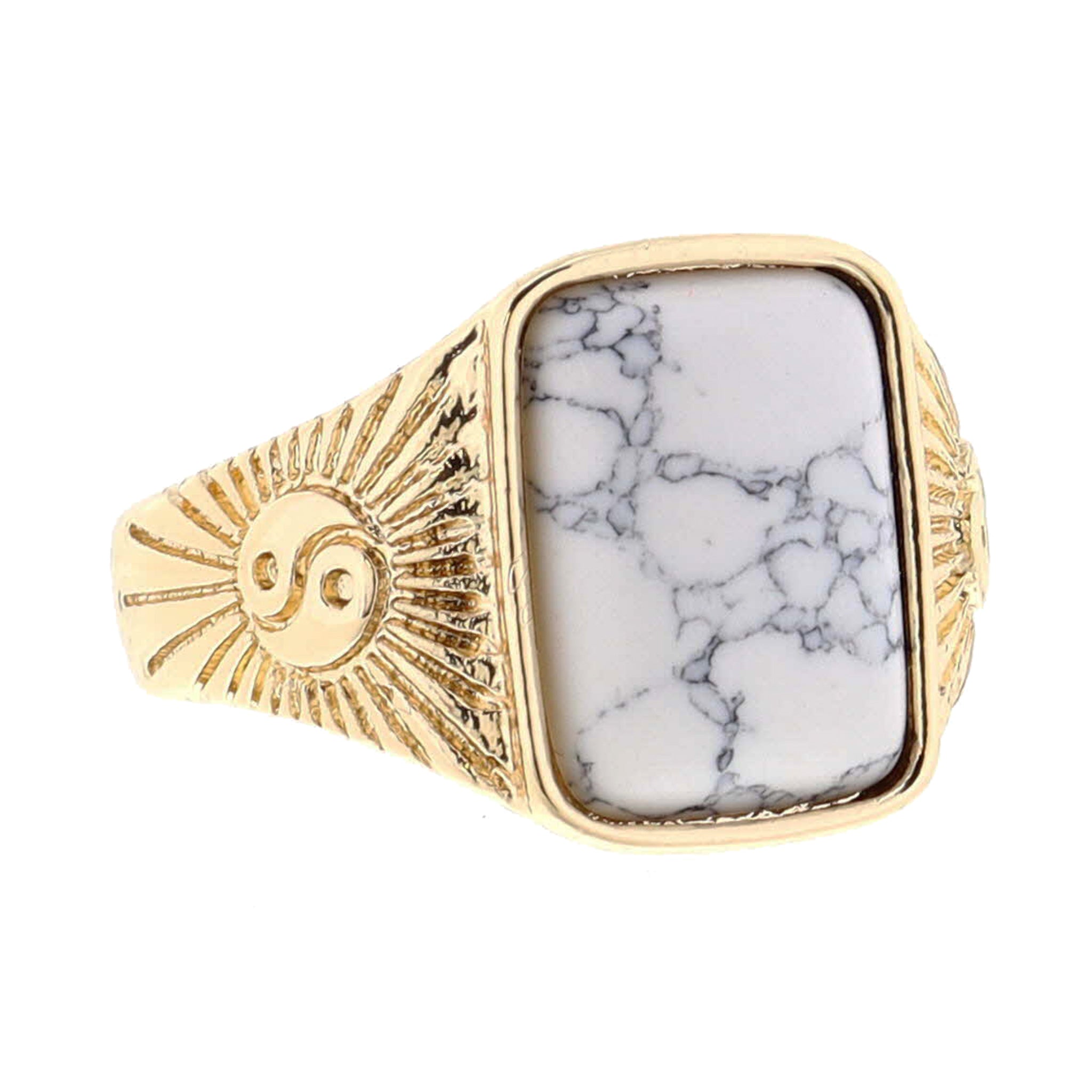 Howlite Rectangle on Gold Yin Yang Designs Signet Ring
