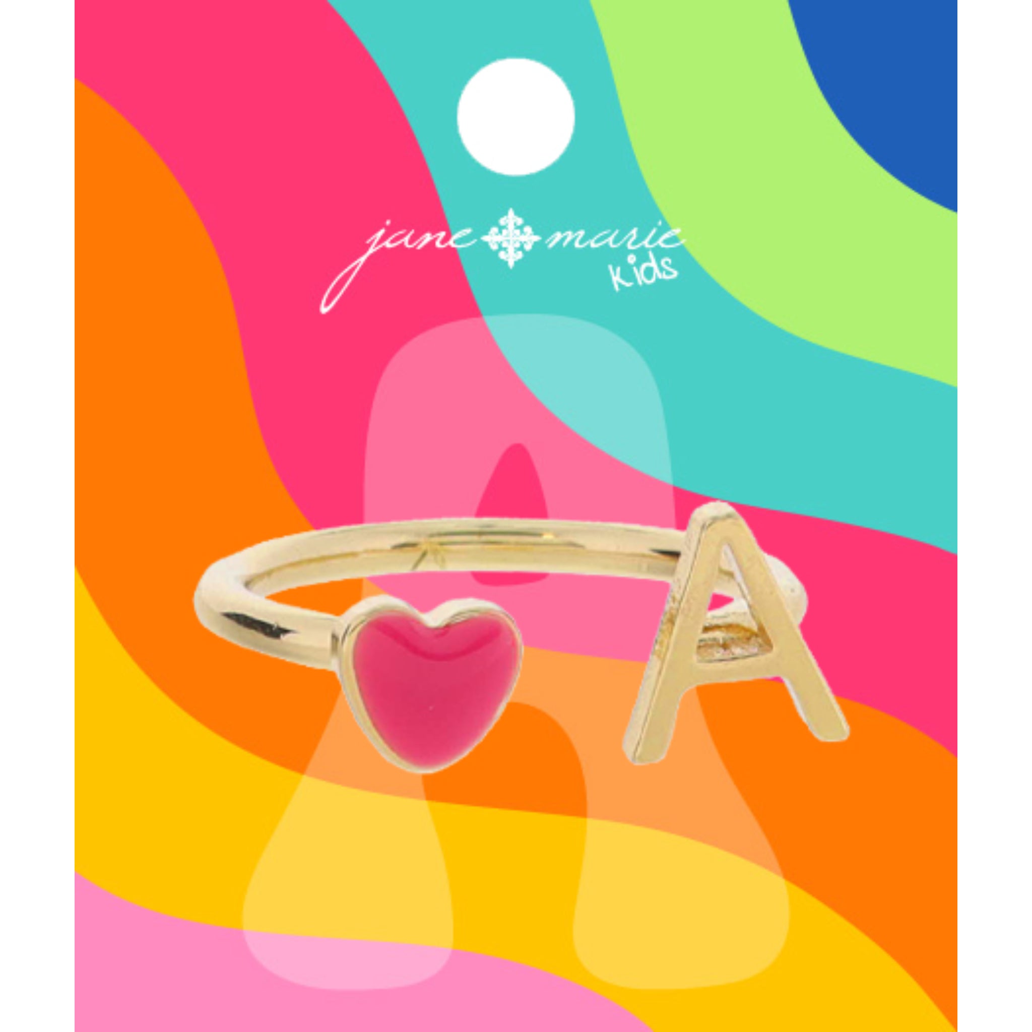 Kids Open Band with Pink Enamel Heart and Gold "A" Initial Ring, .25", .35" Icons