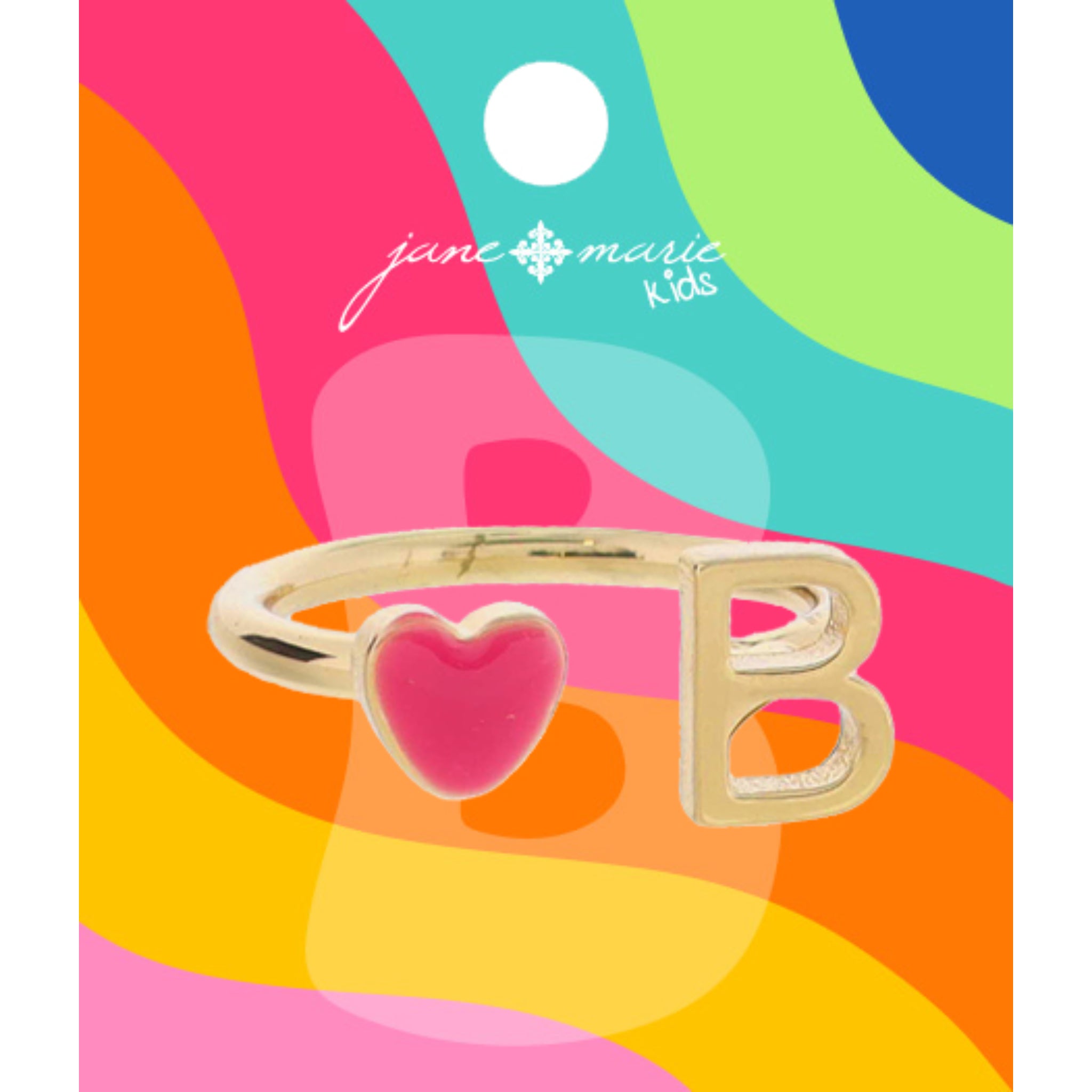 Kids Open Band with Pink Enamel Heart and Gold "B" Initial Ring, .25", .35" Icons