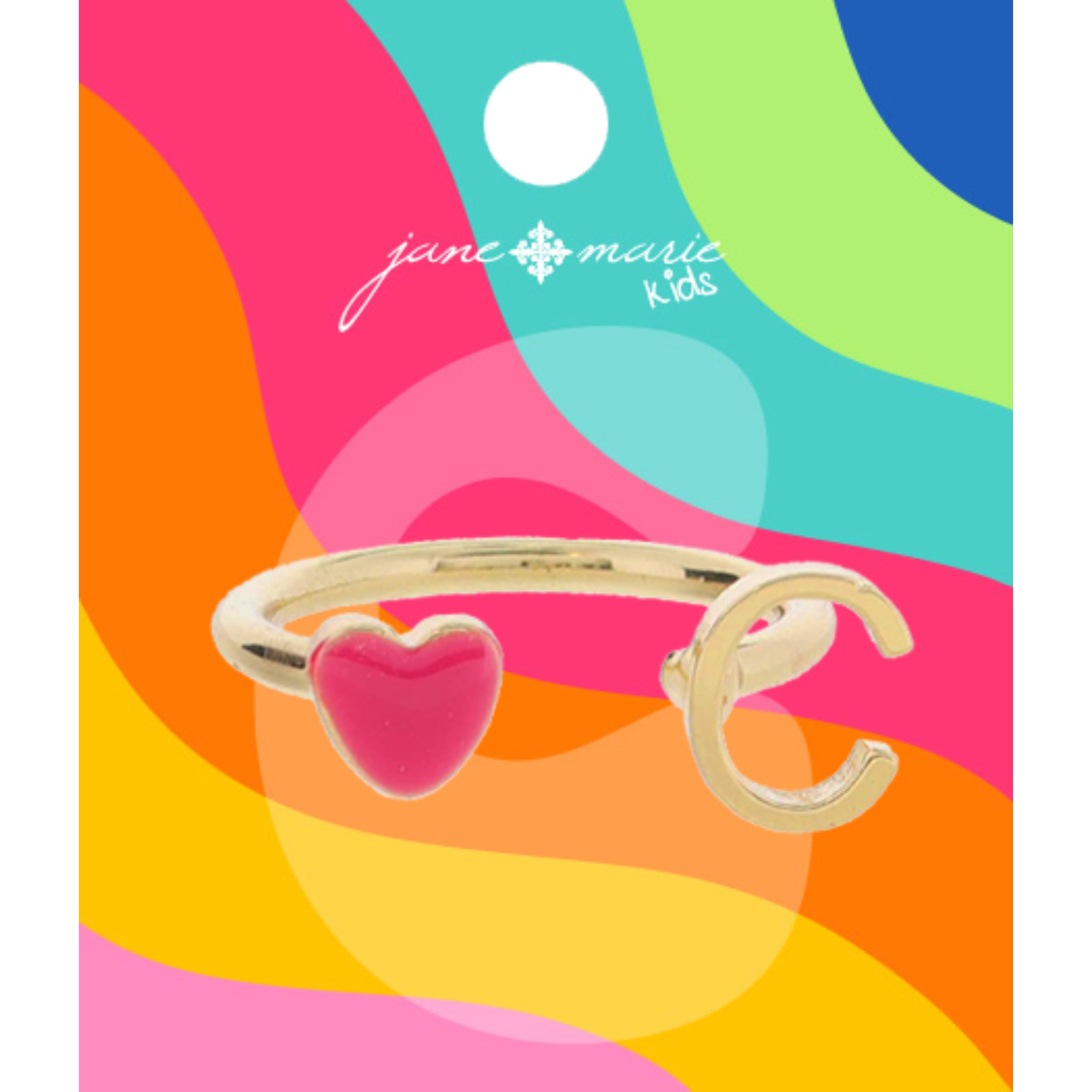 Kids Open Band with Pink Enamel Heart and Gold "C" Initial Ring, .25", .35" Icons
