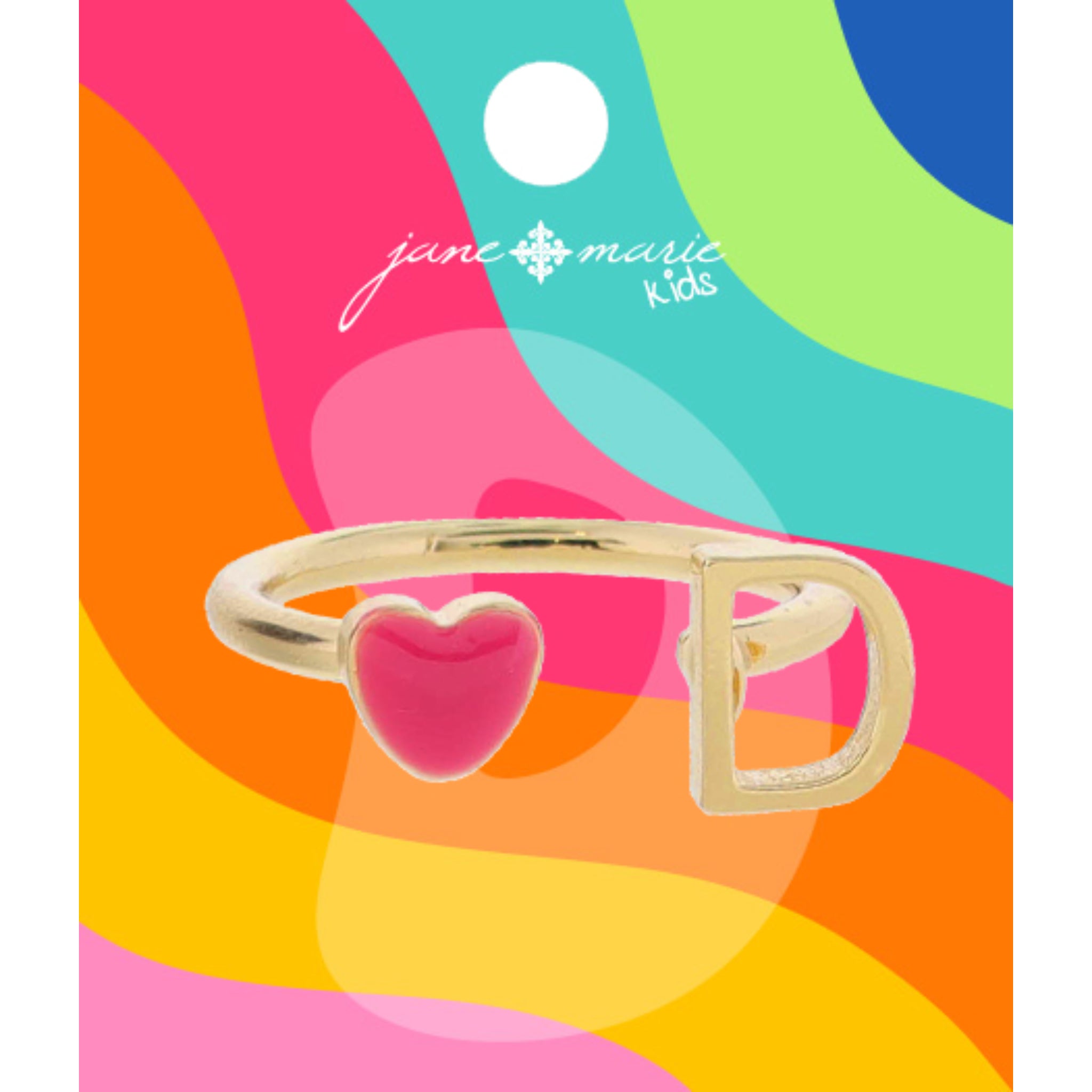 Kids Open Band with Pink Enamel Heart and Gold "D" Initial Ring, .25", .35" Icons