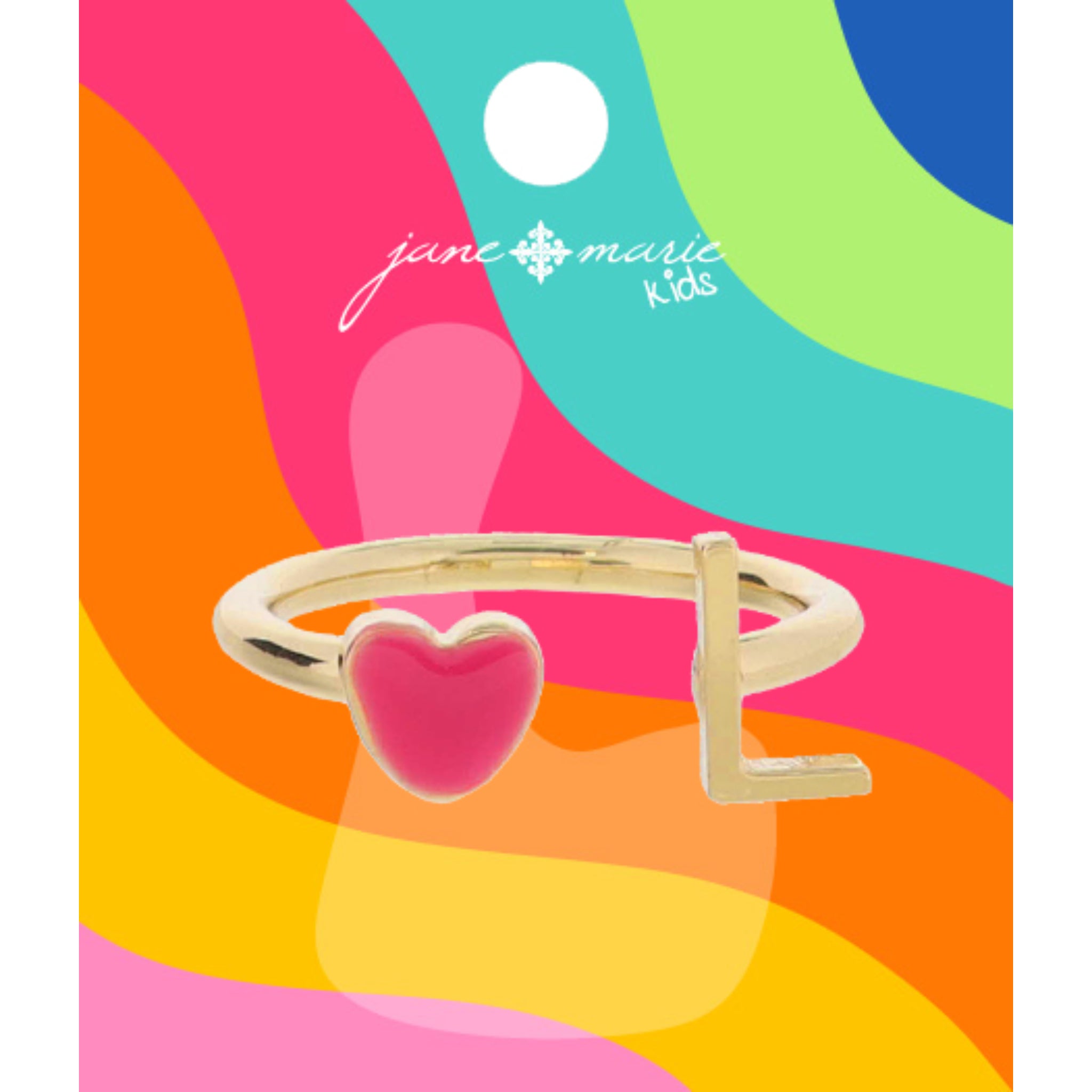 Kids Open Band with Pink Enamel Heart and Gold "L" Initial Ring, .25", .35" Icons