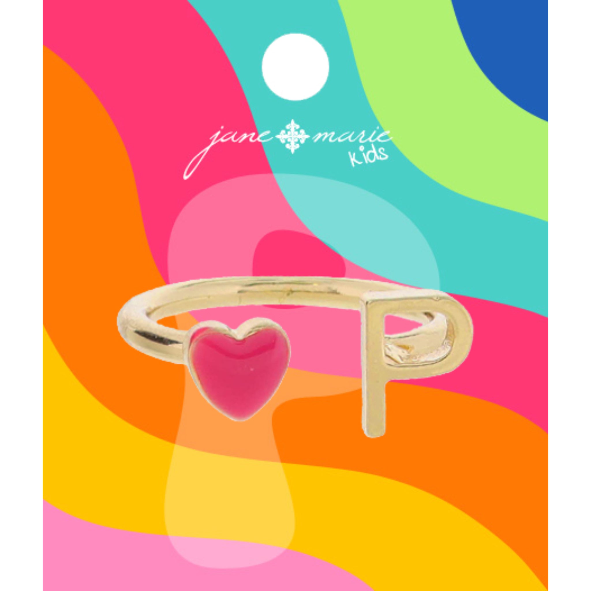 Kids Open Band with Pink Enamel Heart and Gold "P" Initial Ring, .25", .35" Icons
