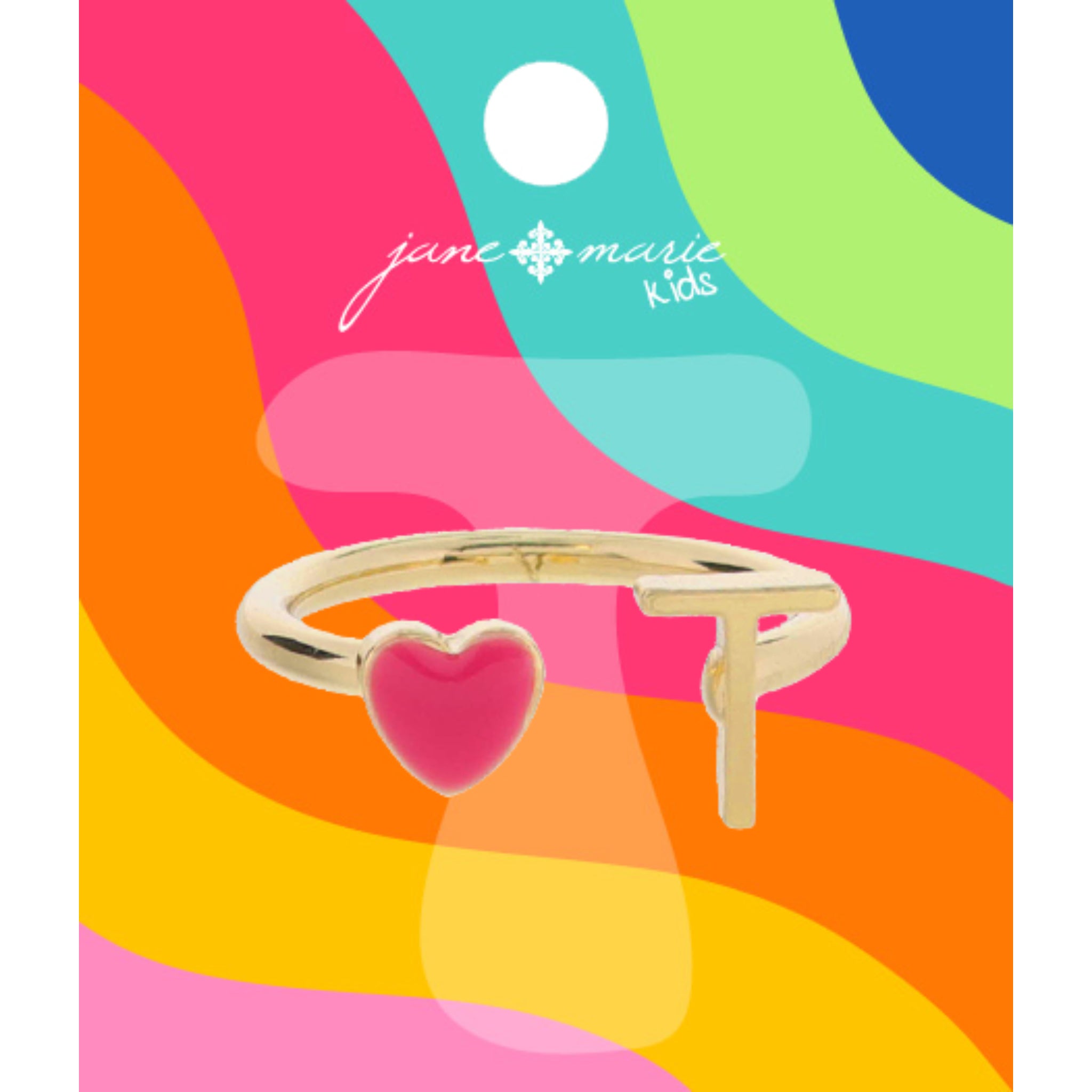 Kids Open Band with Pink Enamel Heart and Gold "T" Initial Ring, .25", .35" Icons