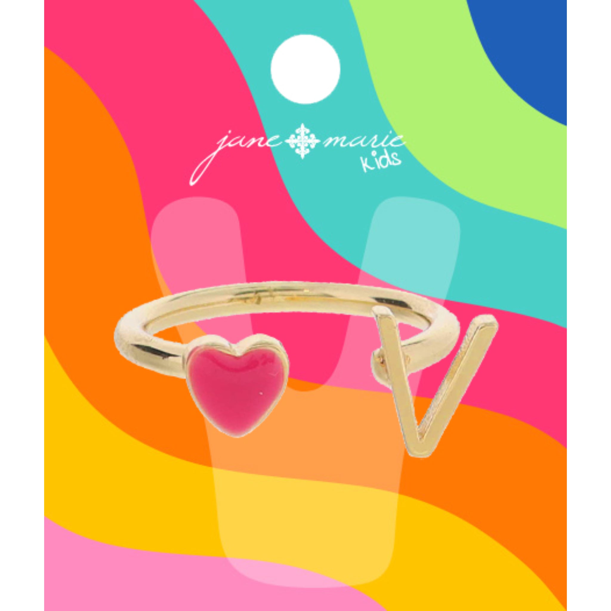 Kids Open Band with Pink Enamel Heart and Gold "V" Initial Ring, .25", .35" Icons