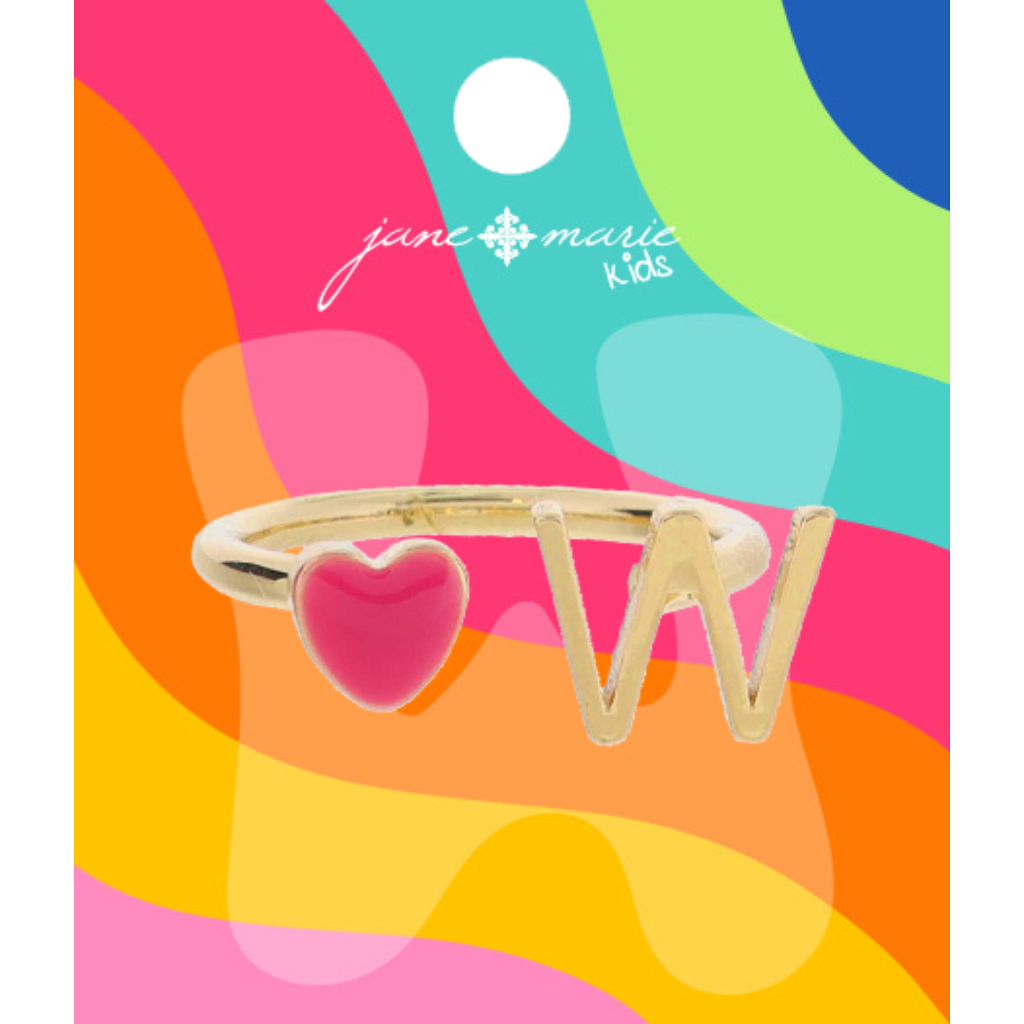 Kids Open Band with Pink Enamel Heart and Gold "W" Initial Ring, .25", .35" Icons