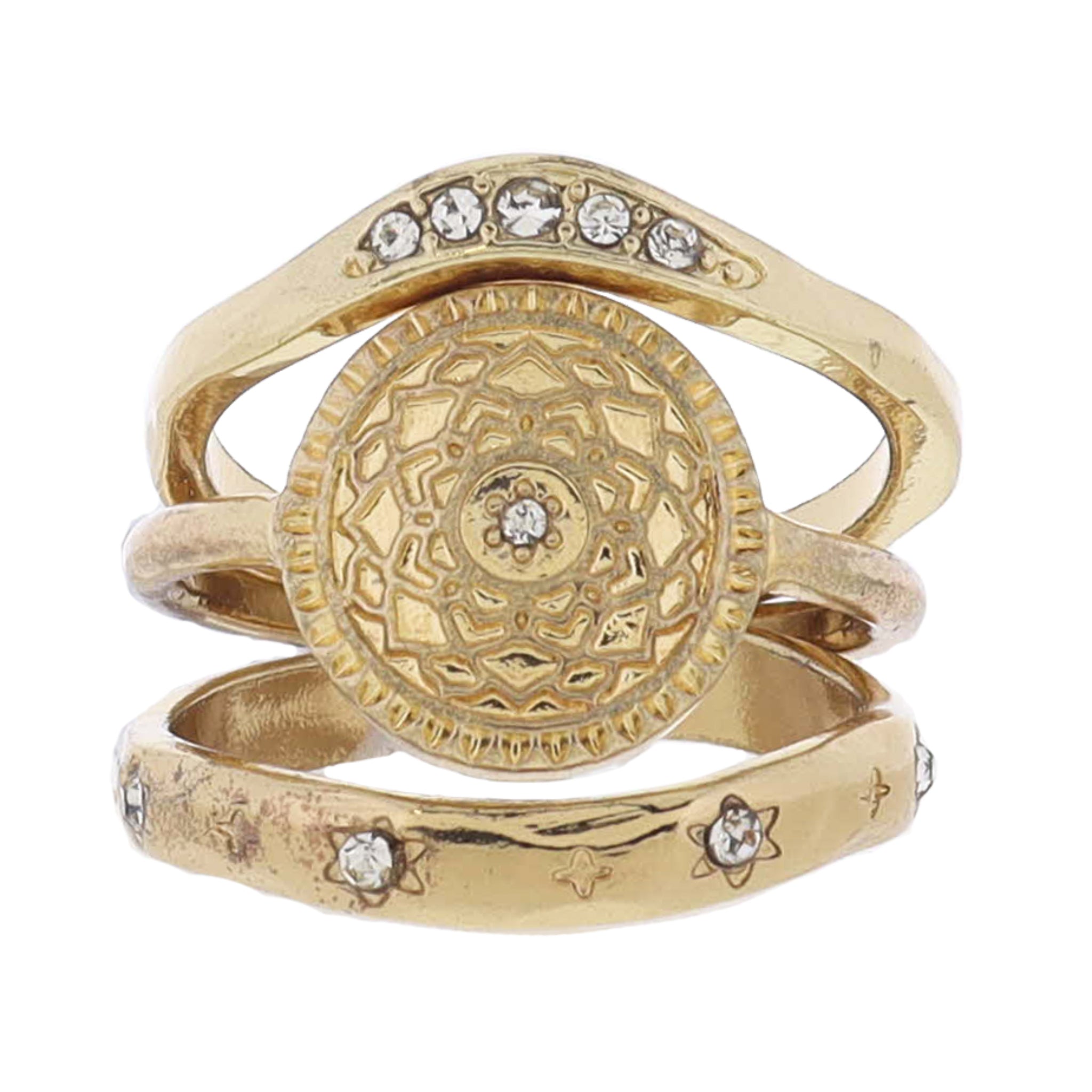 Set of 3, Curved Gold Band with Crystal Stars, Gold Coin with Crystal, Thin Gold Curved Band Ring