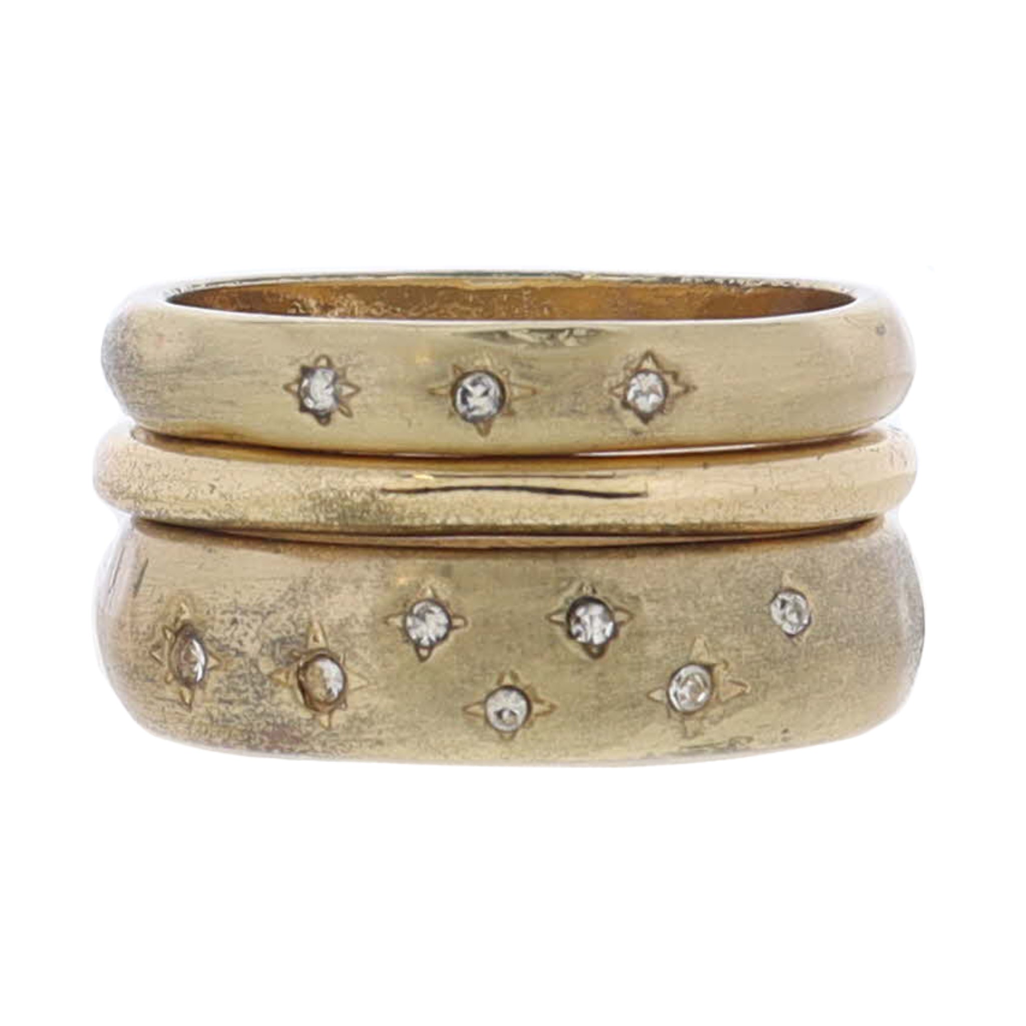 Set of 3, Matte Gold Band, Skinny Shiny Gold Band, Larger Matte Gold Band with Star Crystals Ring