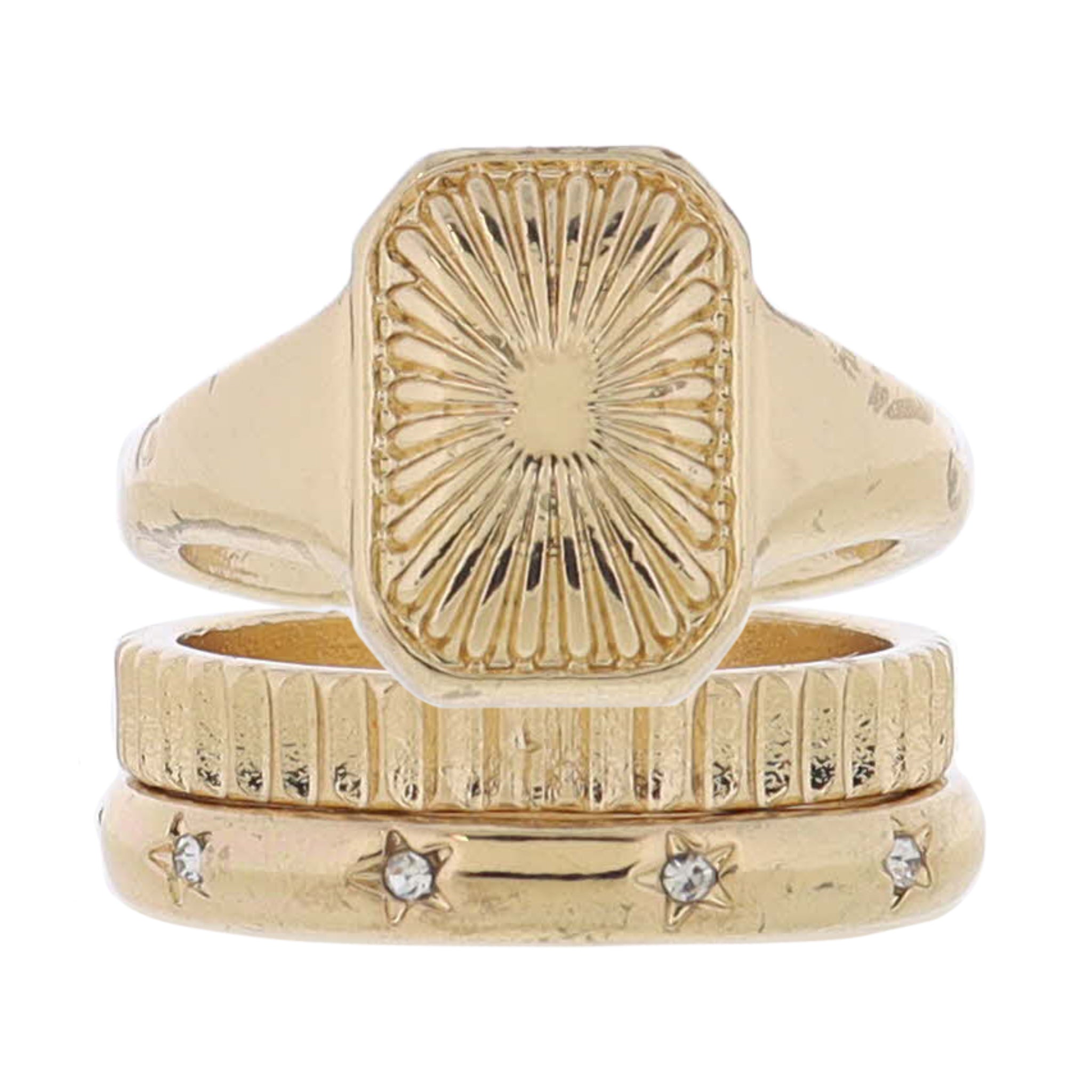 Set of 3, Gold Starburst Signet Ring, Ribbed Gold Band, Gold Band with Mini Crystal Stars Ring