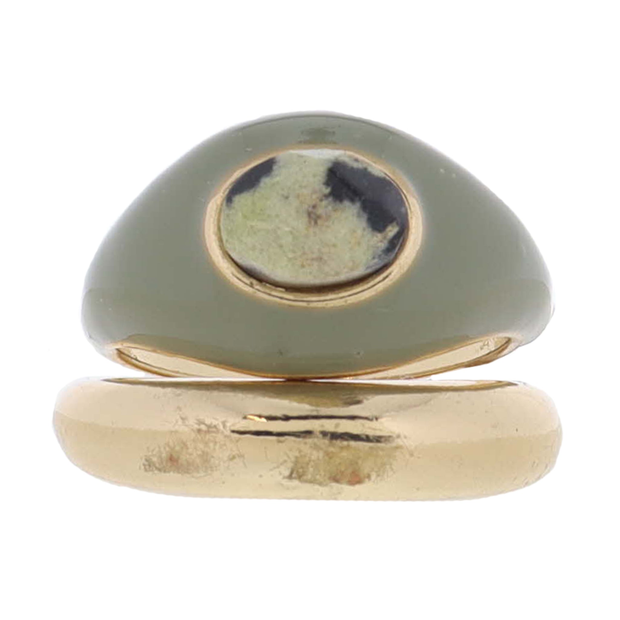 Set of 2, Small Gold Dome Band, Olive Enamel Dome Band with Dalmation Stone Ring