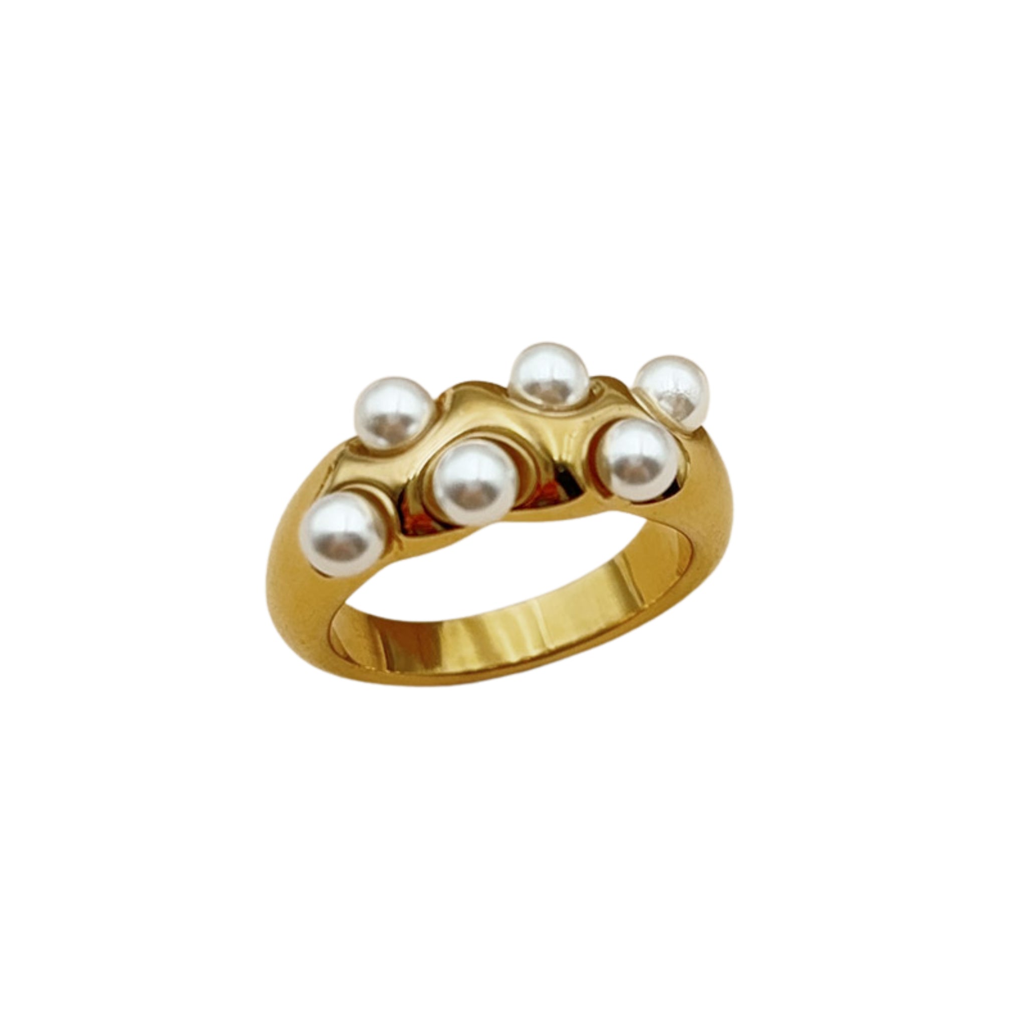 18K Gold Plated Band Ring with White Embedded Pearls
