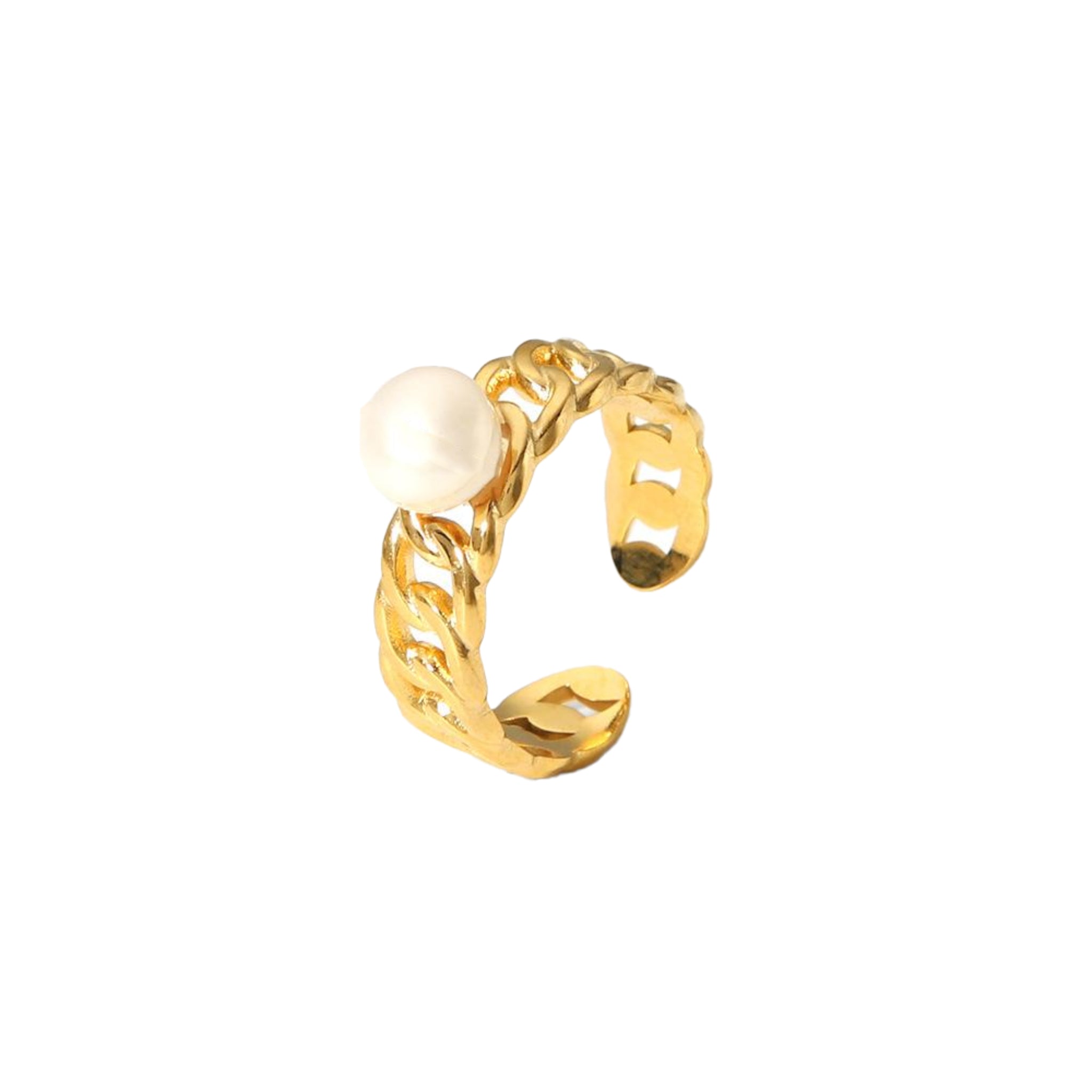 Gold Plated Linked Band Ring with White Single Pearl