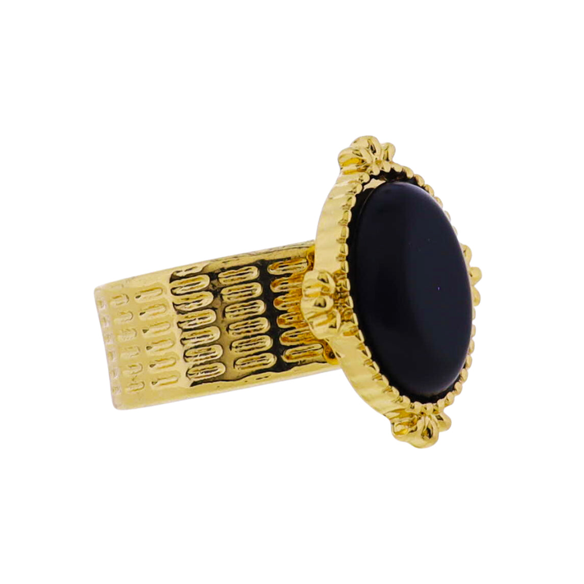 18k Gold Plated Line Textured Ring with Black Oval