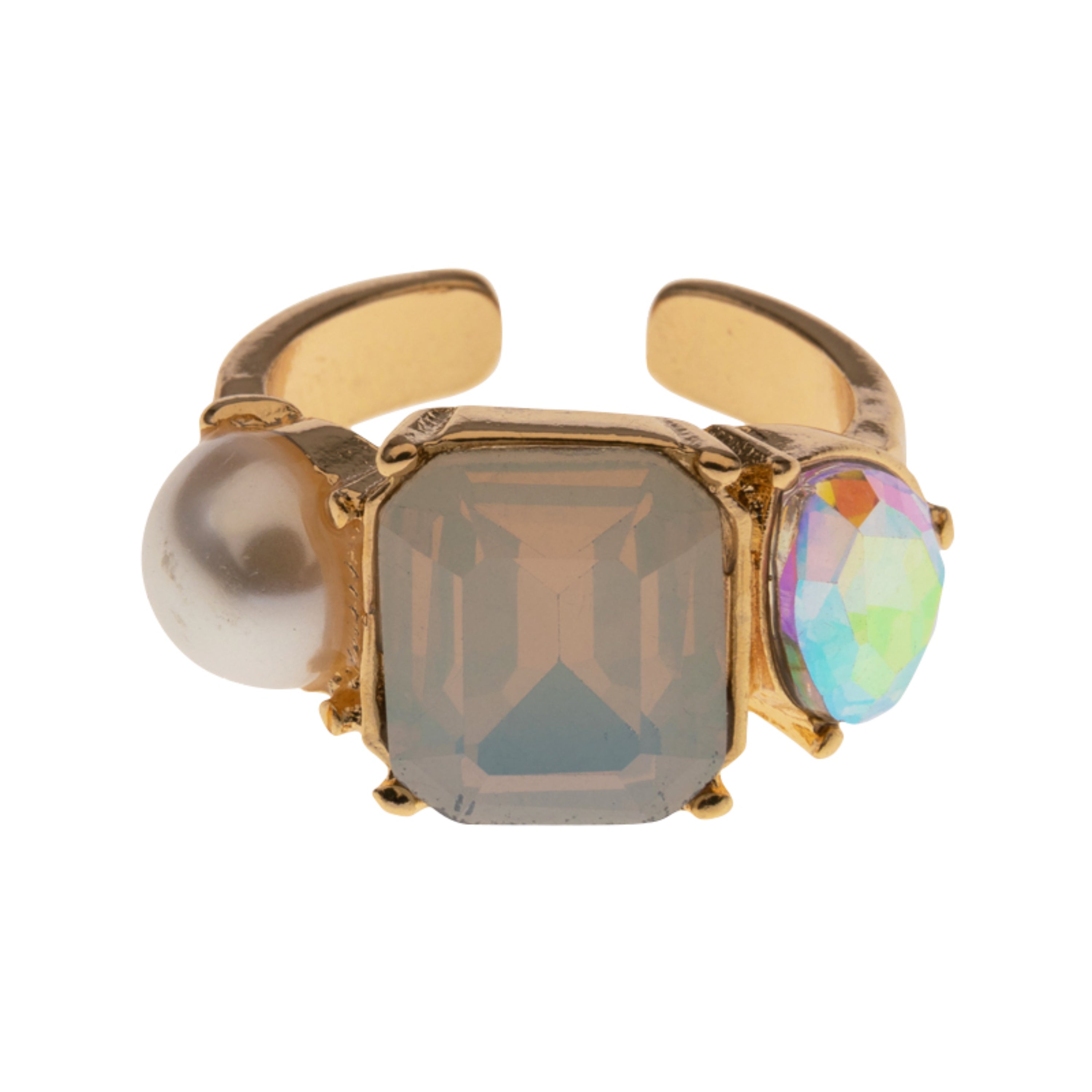 Gold Round Pearl, Square Moonstone Crystal, Teardrop AB Crystal Adjustable Ring