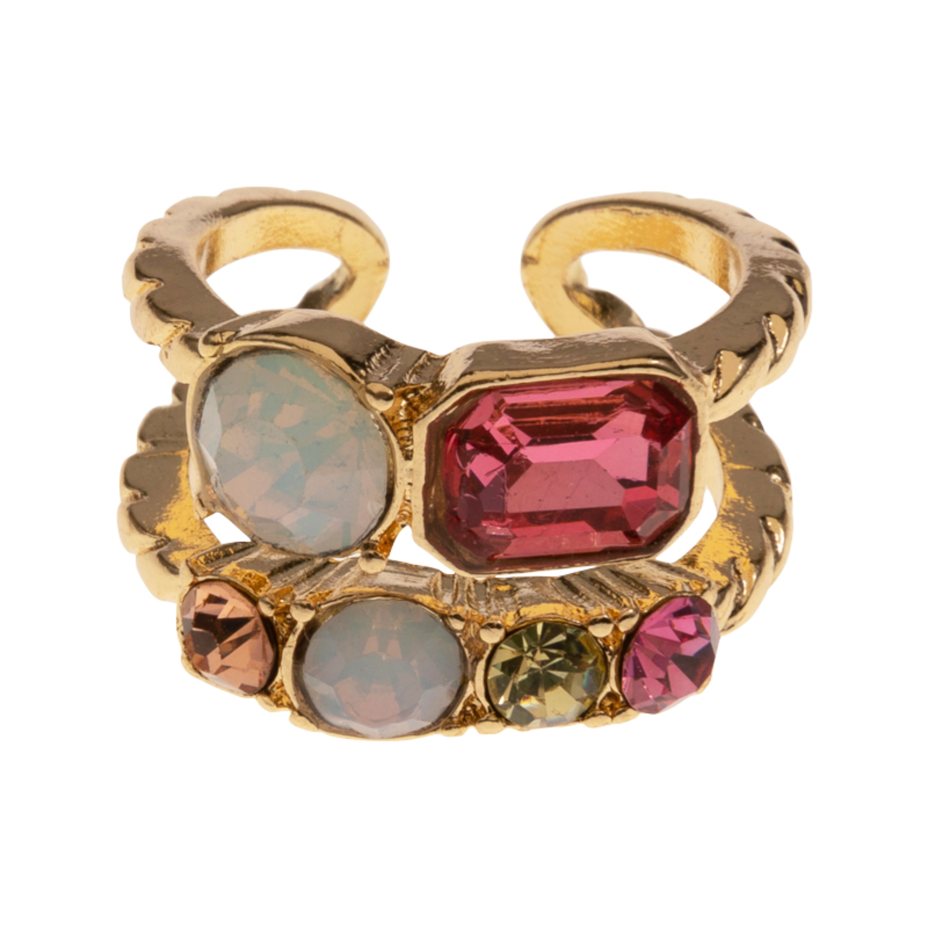 Gold Two Band, Moonstone, Pink, Champagne, Yellow Crystals Adjustable Ring