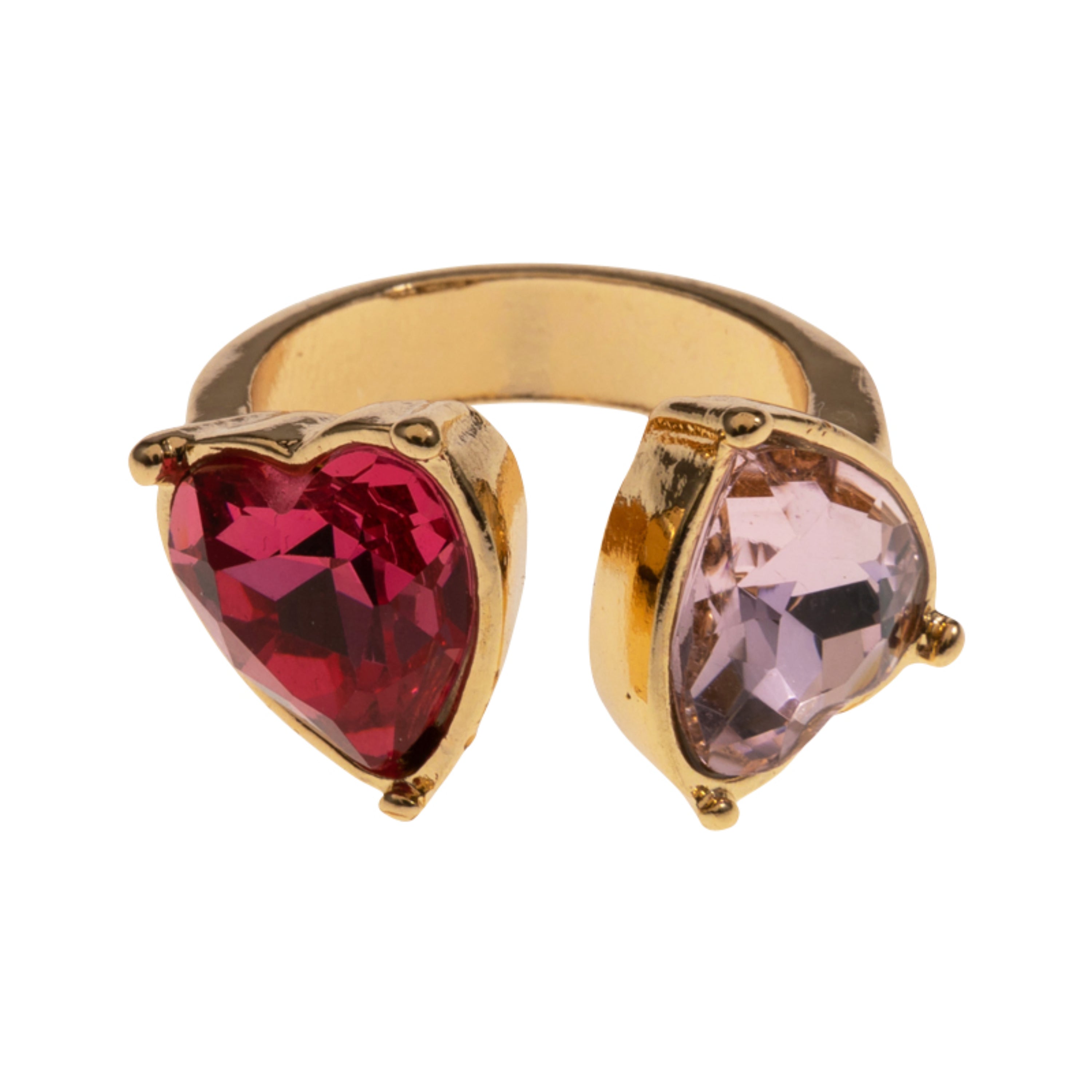 Gold Hot Pink,Light Pink Crystal Hearts Adjustable Ring