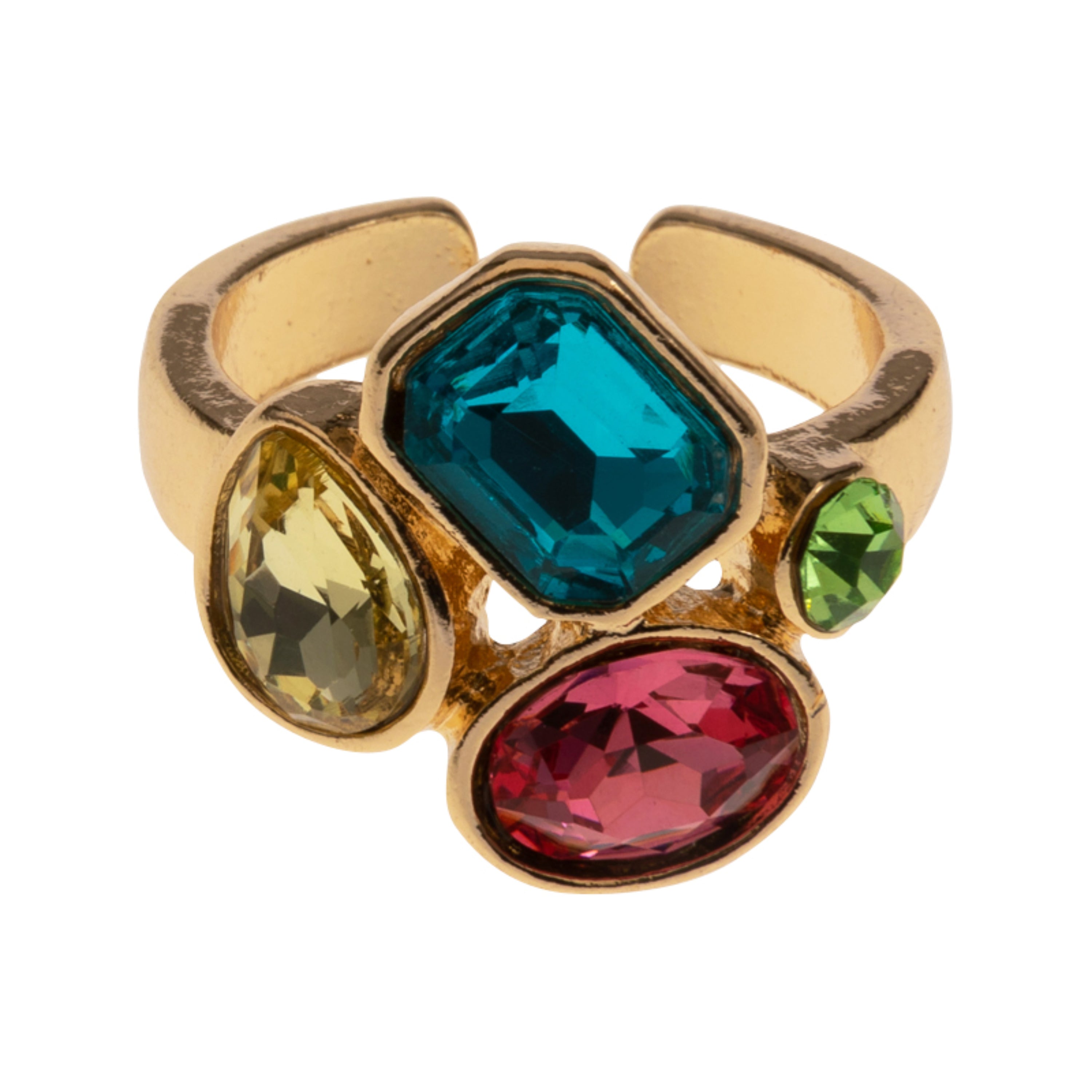 Gold Pink, Yellow, Green, Blue Crystal Cluster Adjustable Ring