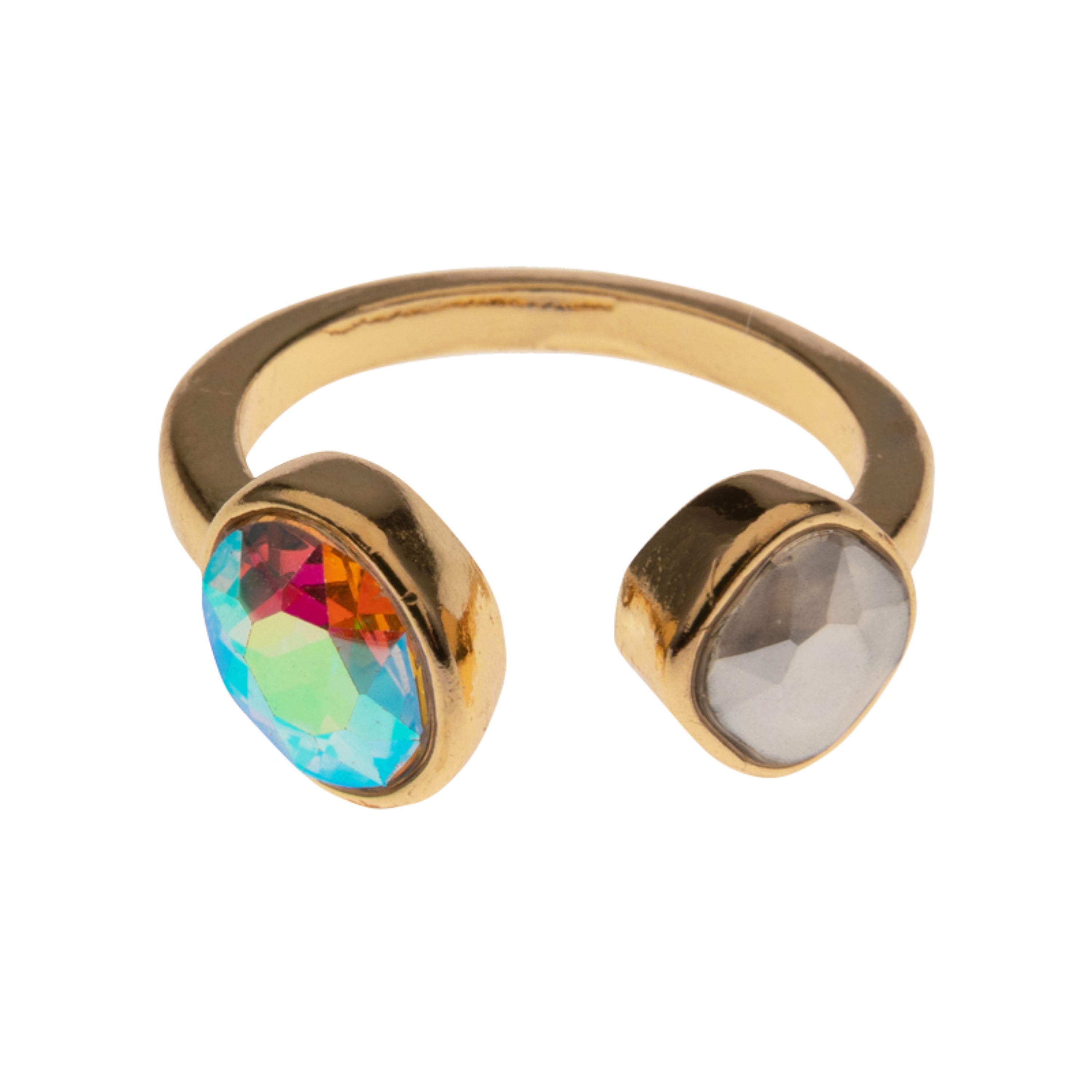 Gold AB Oval, Silver Square Crystal Adjustable Ring