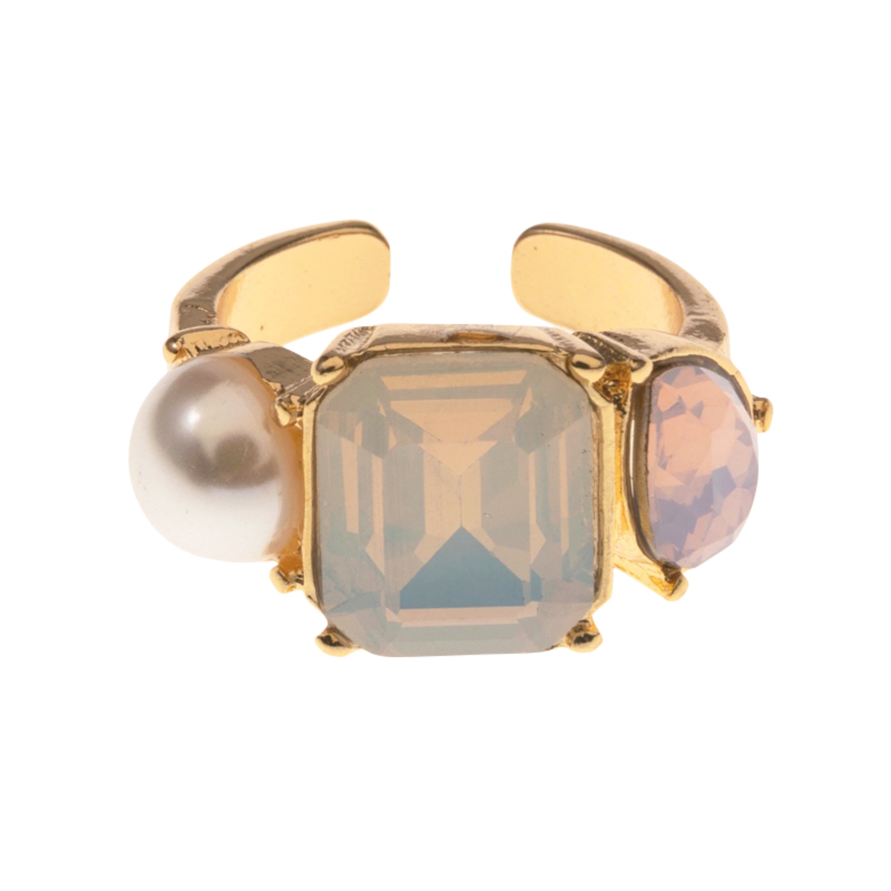 Gold Round Pearl, Square Moonstone Crystal, Teardrop AB Crystals Adjustable Ring