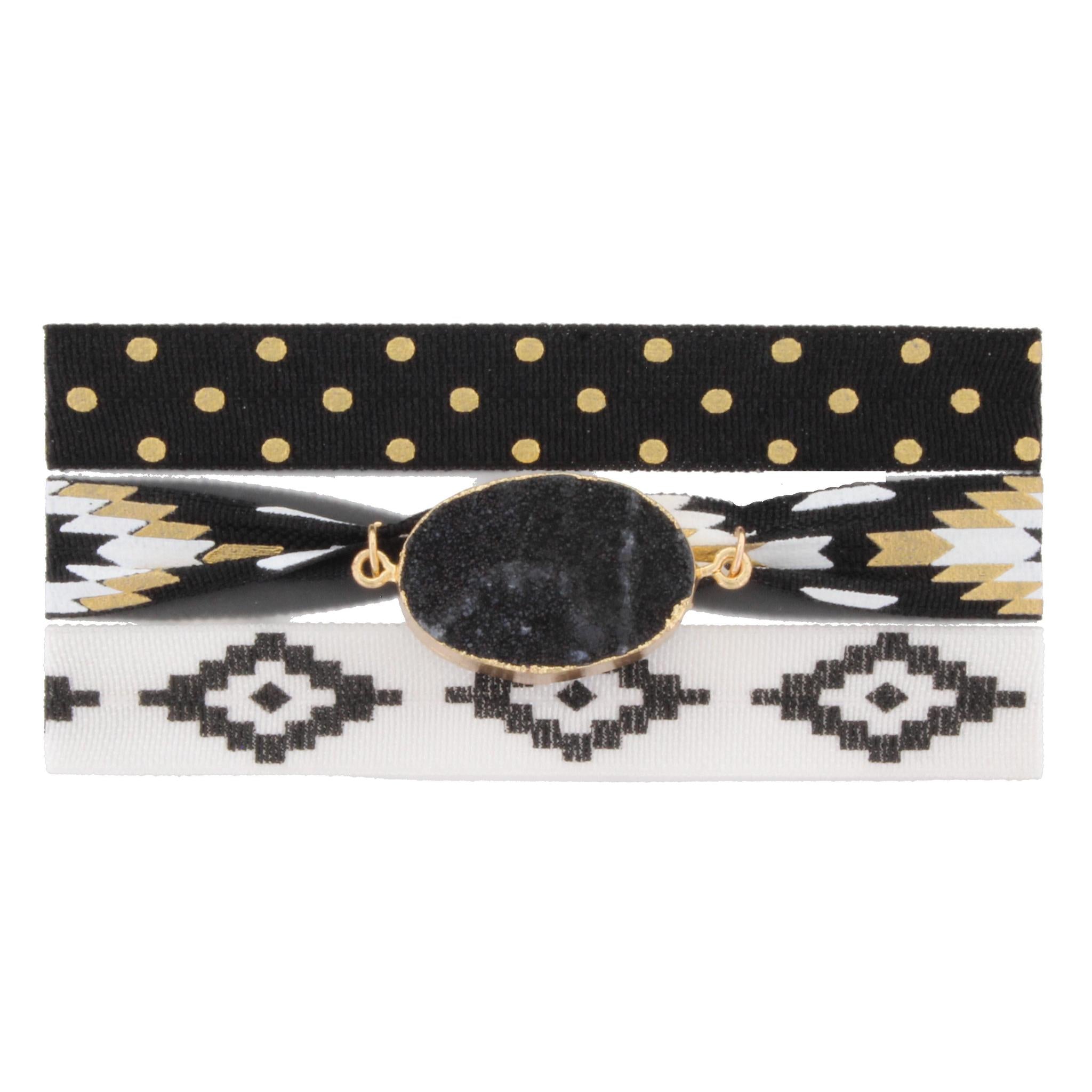 Three 8" Hair Ties - White/Black Print, Black/Gold Aztec with Jet Druzy, and Black with Gold Dots Ties