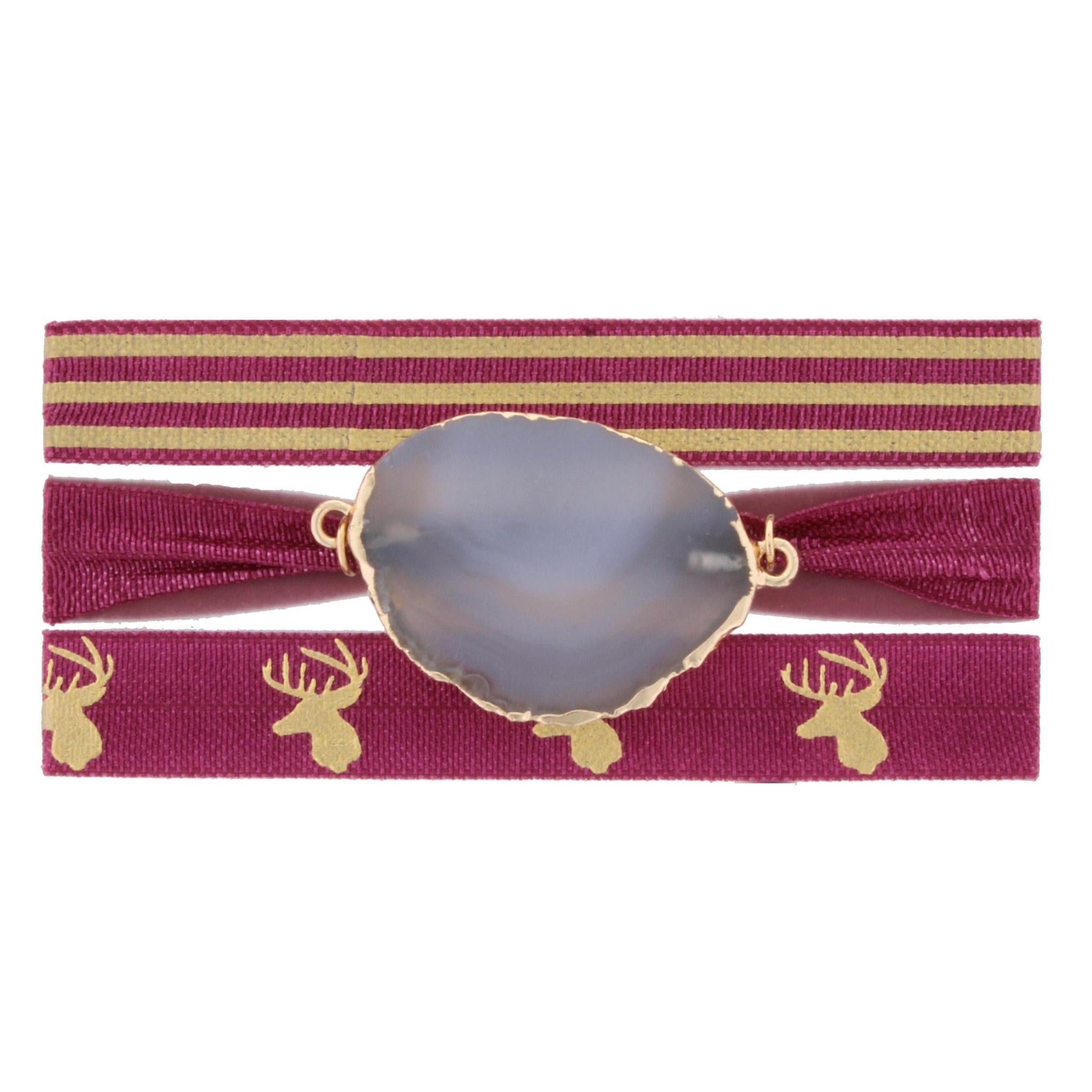 Three 8" Hair Ties - Wine/Gold Striped, Wine with Grey Agate, and Wine with Gold Deer Ties