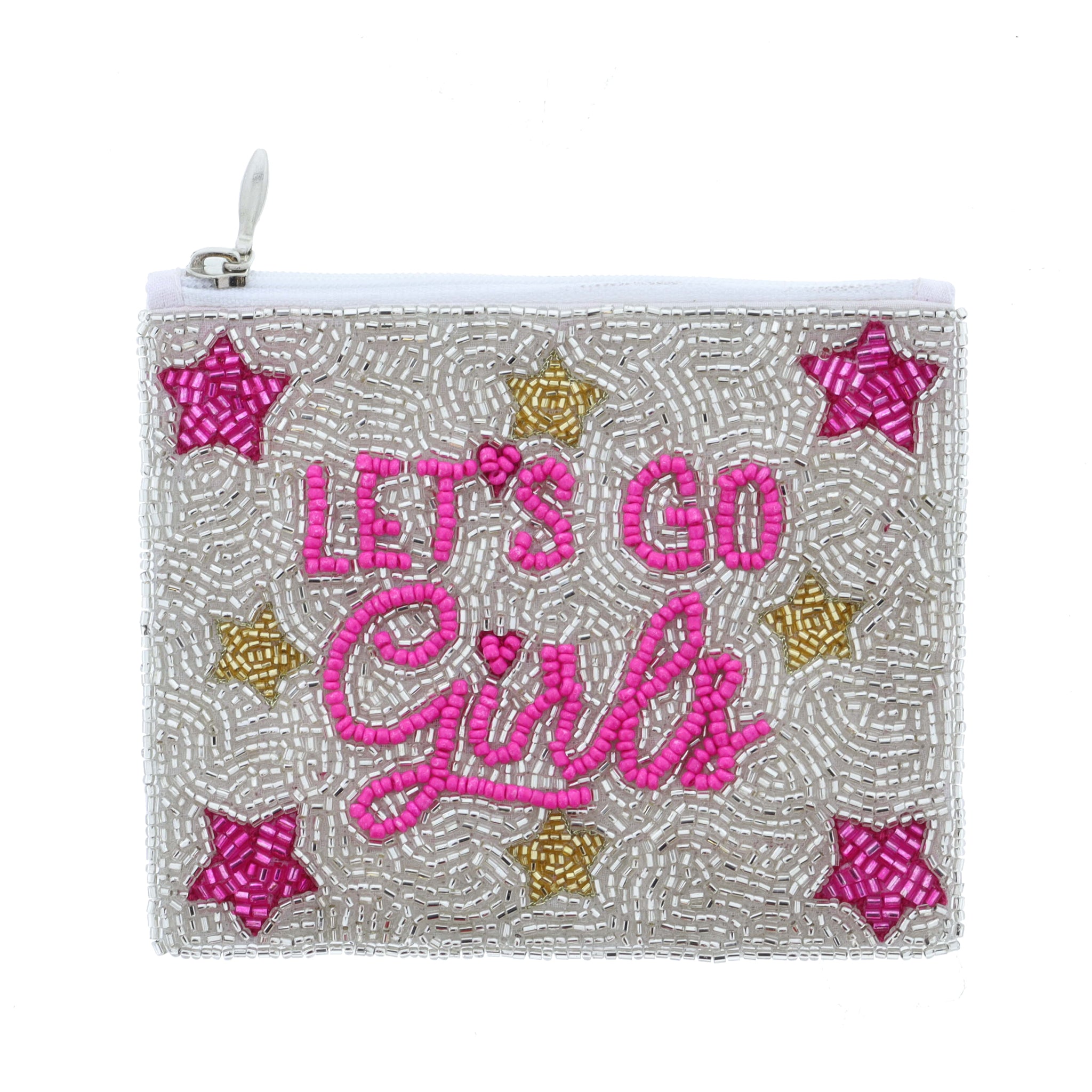 Silver Beaded with Hot Pink "LET'S GO Girls" and Stars Coin Purse, 4" x 5"