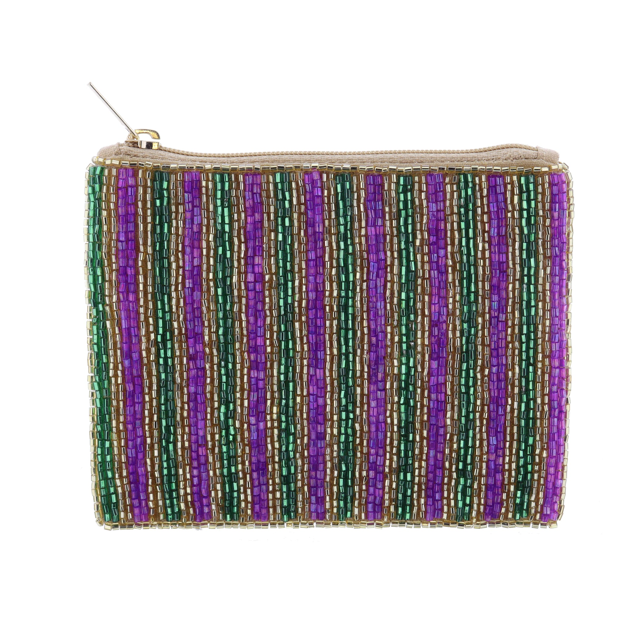 Alternating Green, Gold, Purple Beaded Stripes Coin Purse