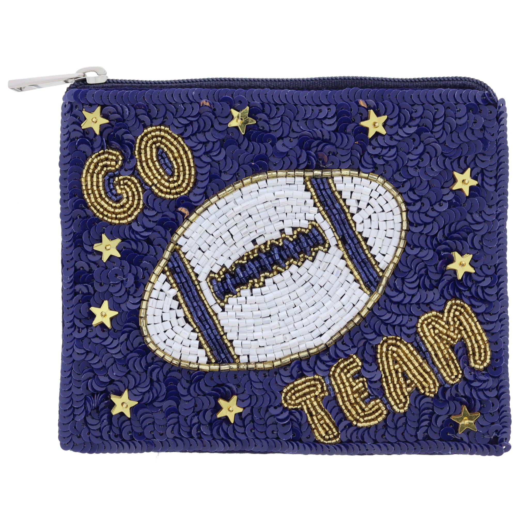 Navy Sequins with Gold, White, Navy Beaded "GO TEAM" & Football & Star Sequins Coin Purse, 4" x 5"