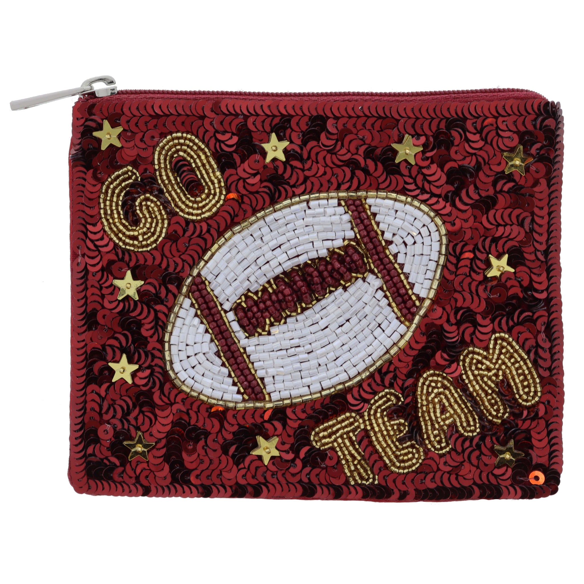 Maroon Sequins with Gold, White Beaded "GO TEAM" & Football & Gold Star Sequins Coin Purse, 4" x 5"