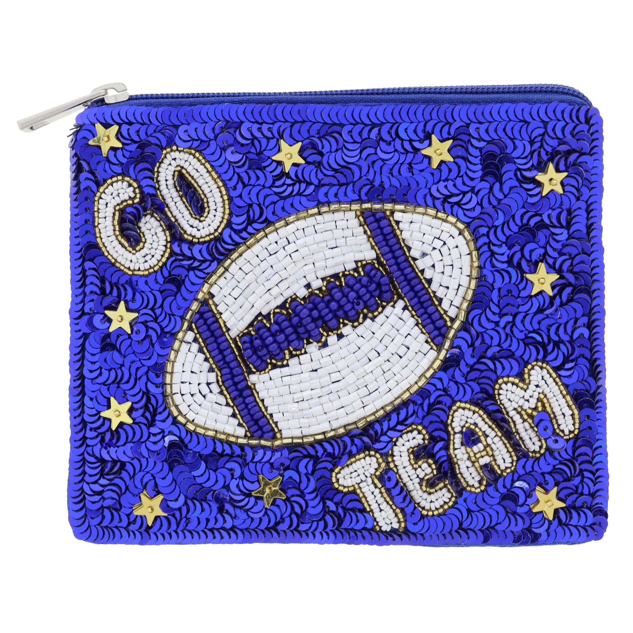 Royal Blue Sequins with Gold, White Beaded "GO TEAM" & Football & Star Sequins Coin Purse, 4" x 5"