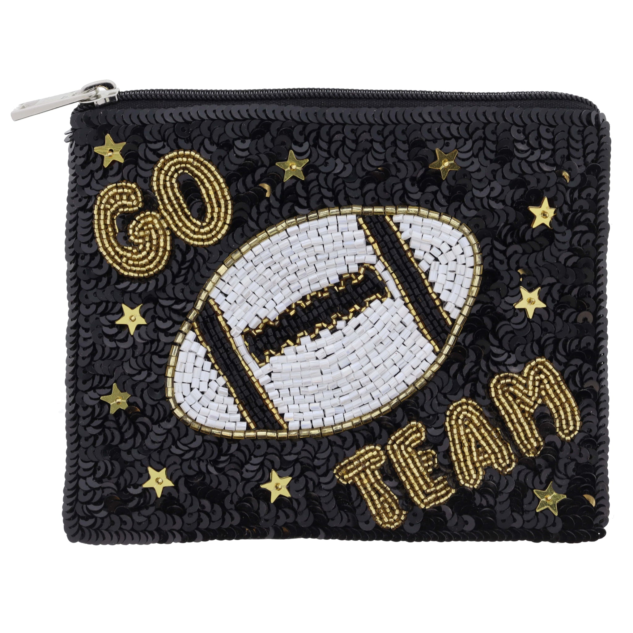 Black Sequins with Gold, White Beaded "GO TEAM" & Football & Gold Star Sequins Coin Purse, 4" x 5"