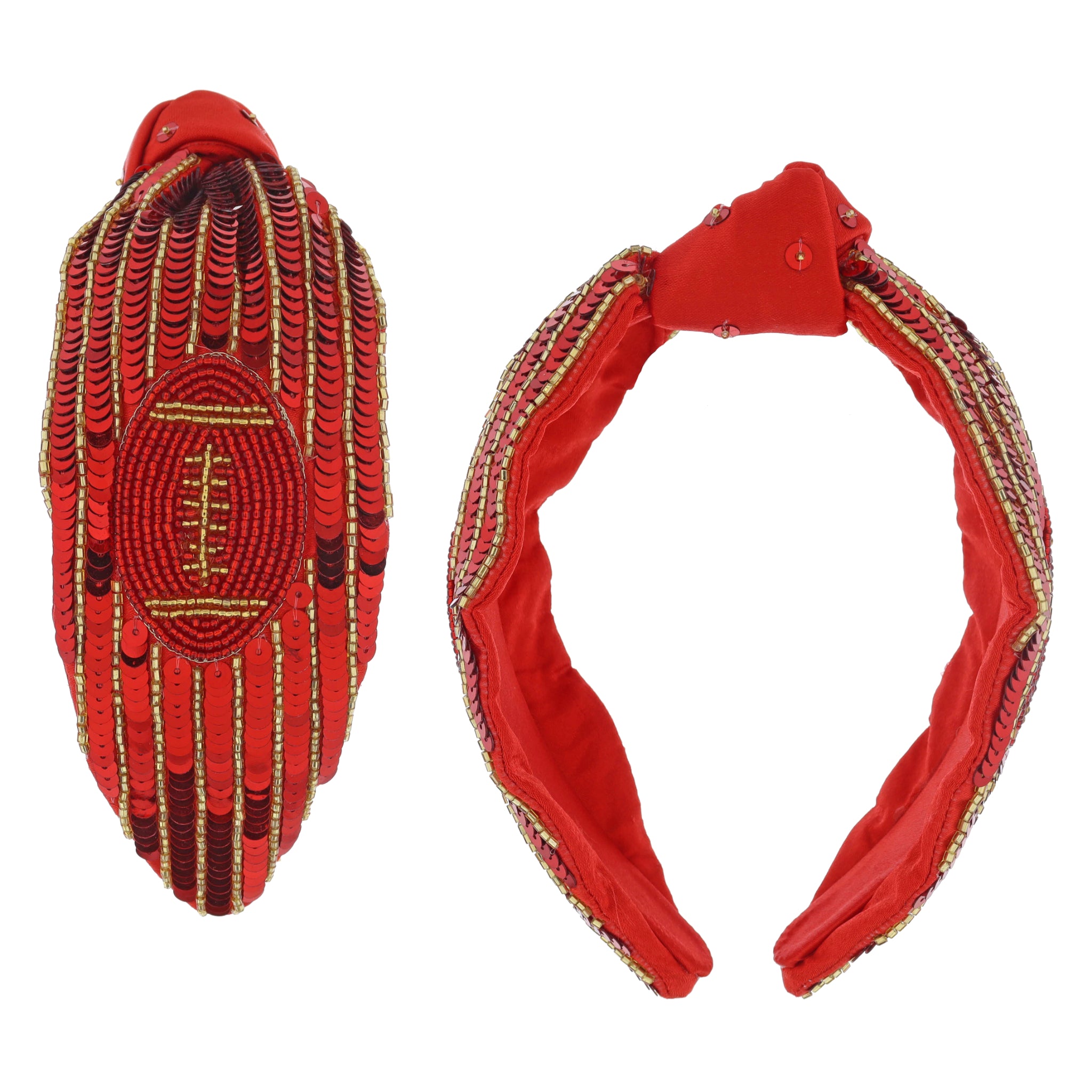 Red Sequin & Gold Beaded Stripes with Red & Gold Beaded Football on Knotted Red Headband