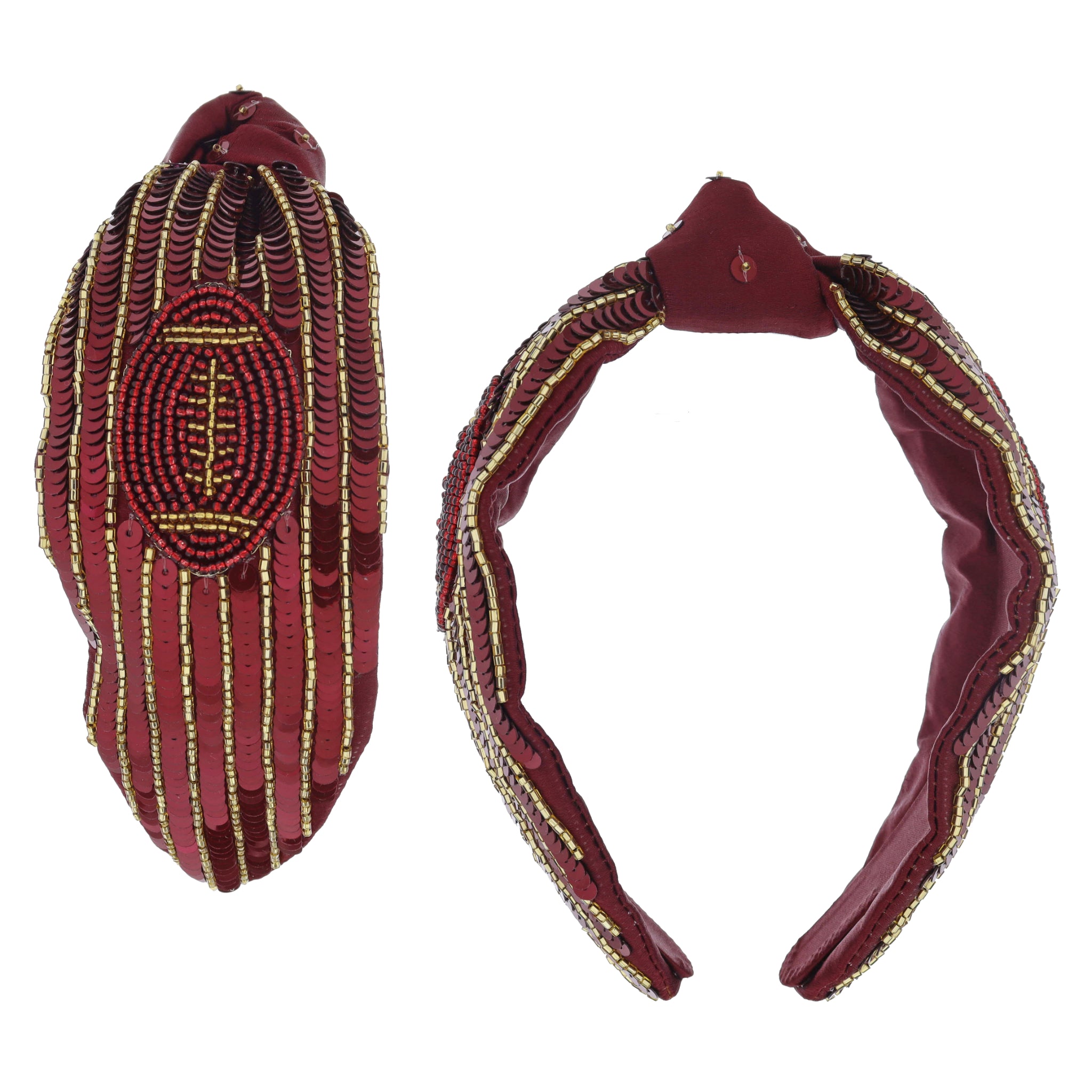 Maroon Sequin & Gold Beaded Stripes with Maroon & Gold Beaded Football on Knotted Maroon Headband