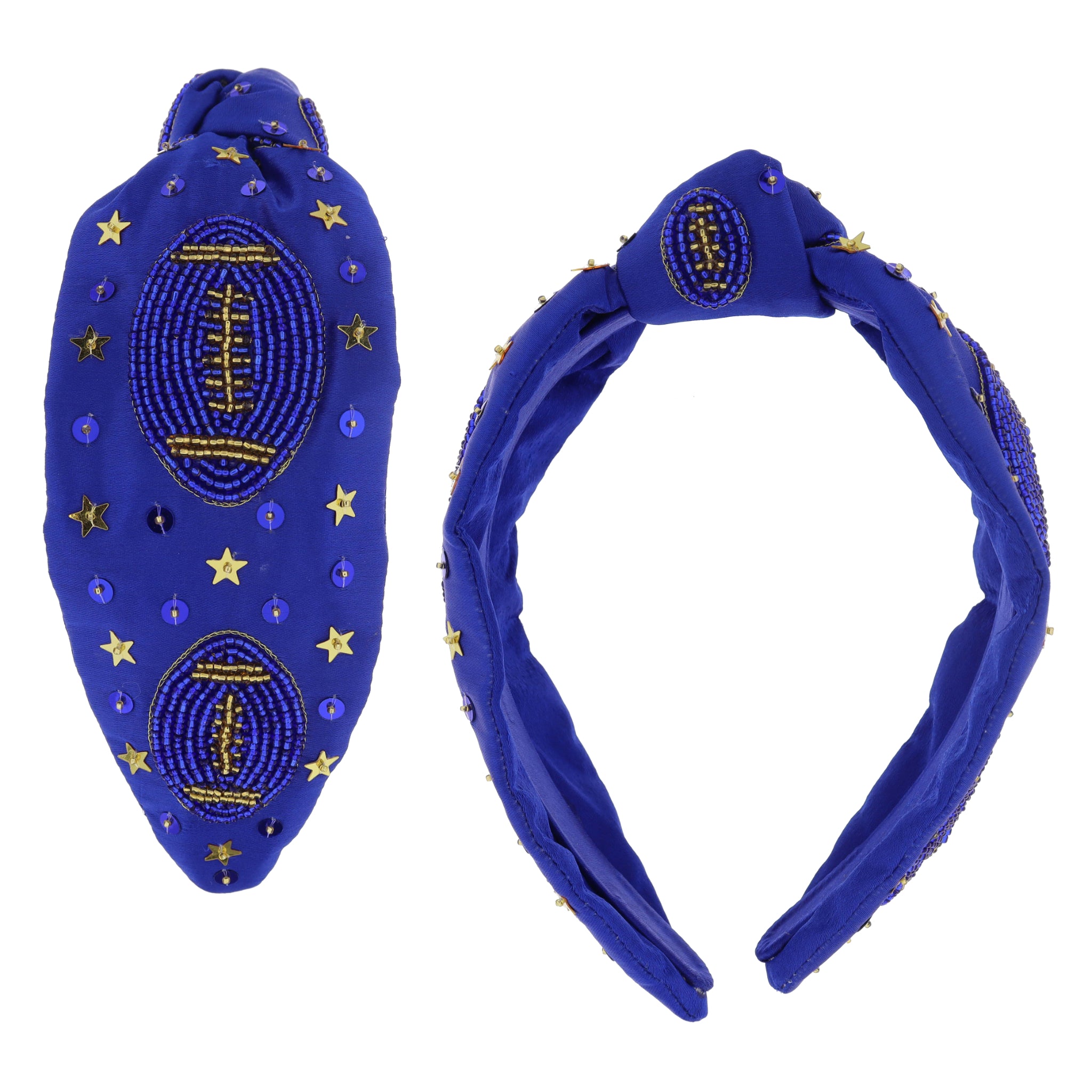 Gold Star & Royal Blue Sequin with Royal Blue & Gold Beaded Footballs on Knotted Royal Blue Headband