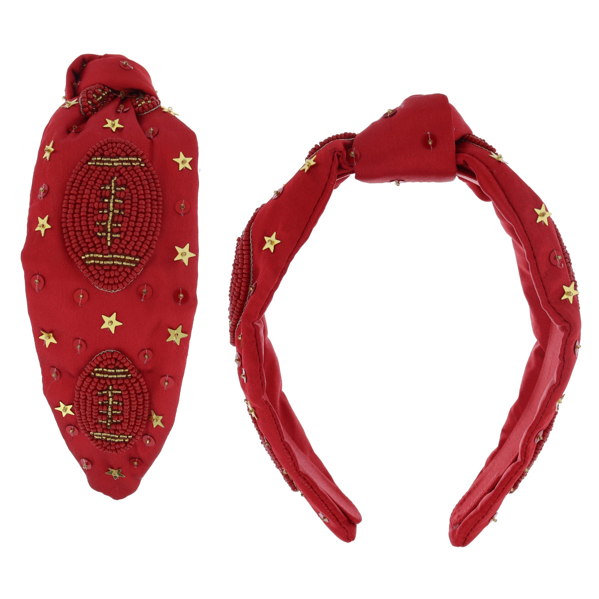 Gold Star & Crimson Sequins with Maroon & Gold Beaded Footballs on Knotted Maroon Headband